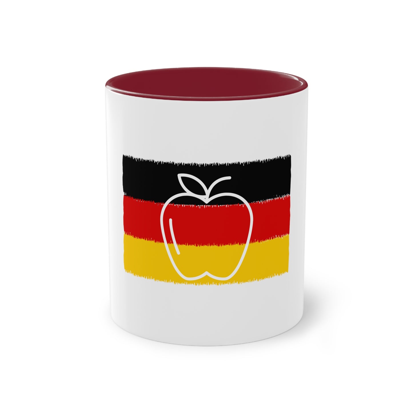 Apfel, ein Symbol für Energie und Liebe auf Kaffeetassen, Teetassen bedruckt; weißer Außenbereich mit mehrfarbigem Innenbereich und Henkel, große; 11 Unzen