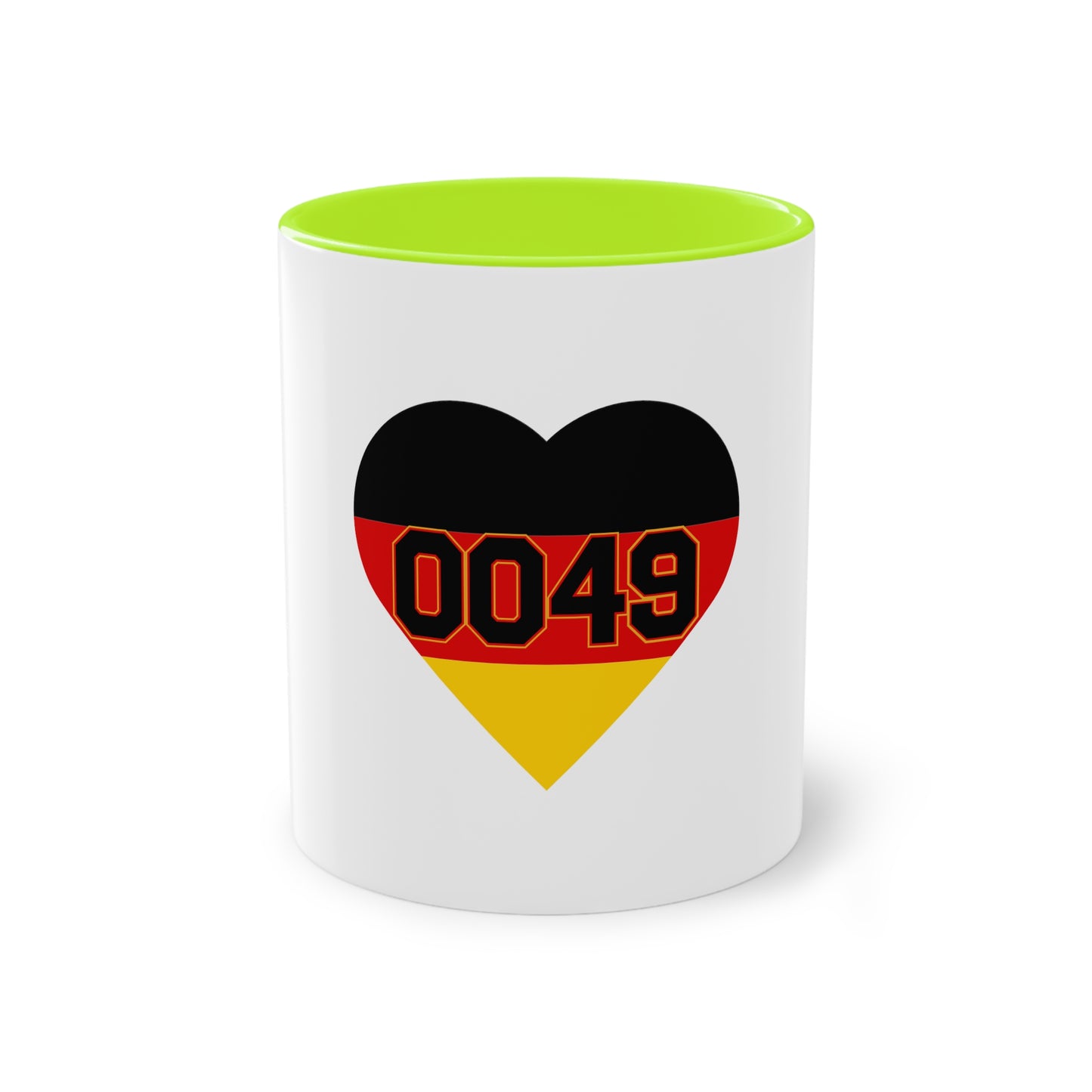 0049 Liebe für Deutschland auf Kaffeetassen, Teetassen bedruckt; weißer Außenbereich mit mehrfarbigem Innenbereich und Henkel, große; 11 Unzen
