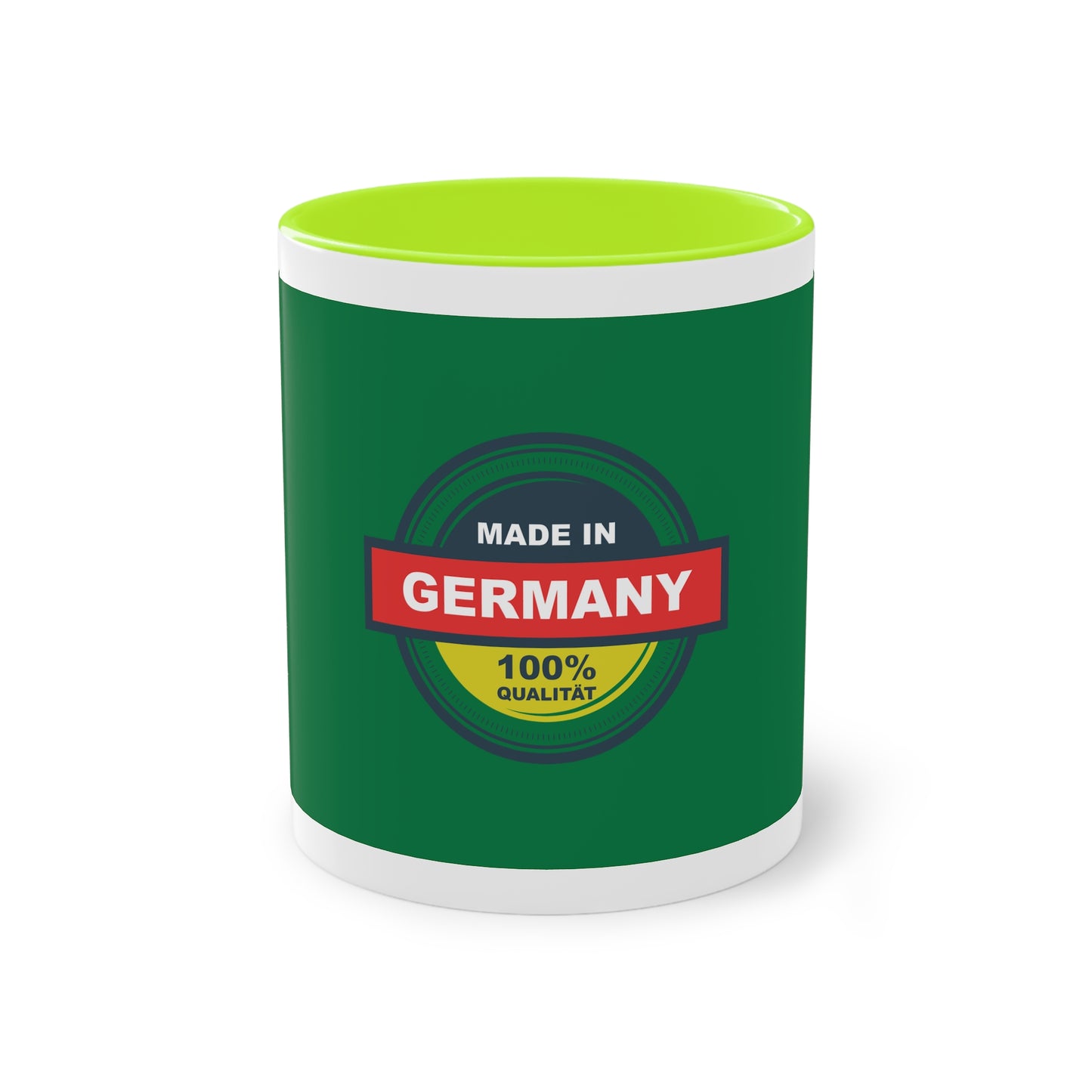 Made in Germany auf Kaffeetassen, Teetassen bedruckt; weißer Außenbereich mit mehrfarbigem Innenbereich und Henkel, große; 11 Unzen.