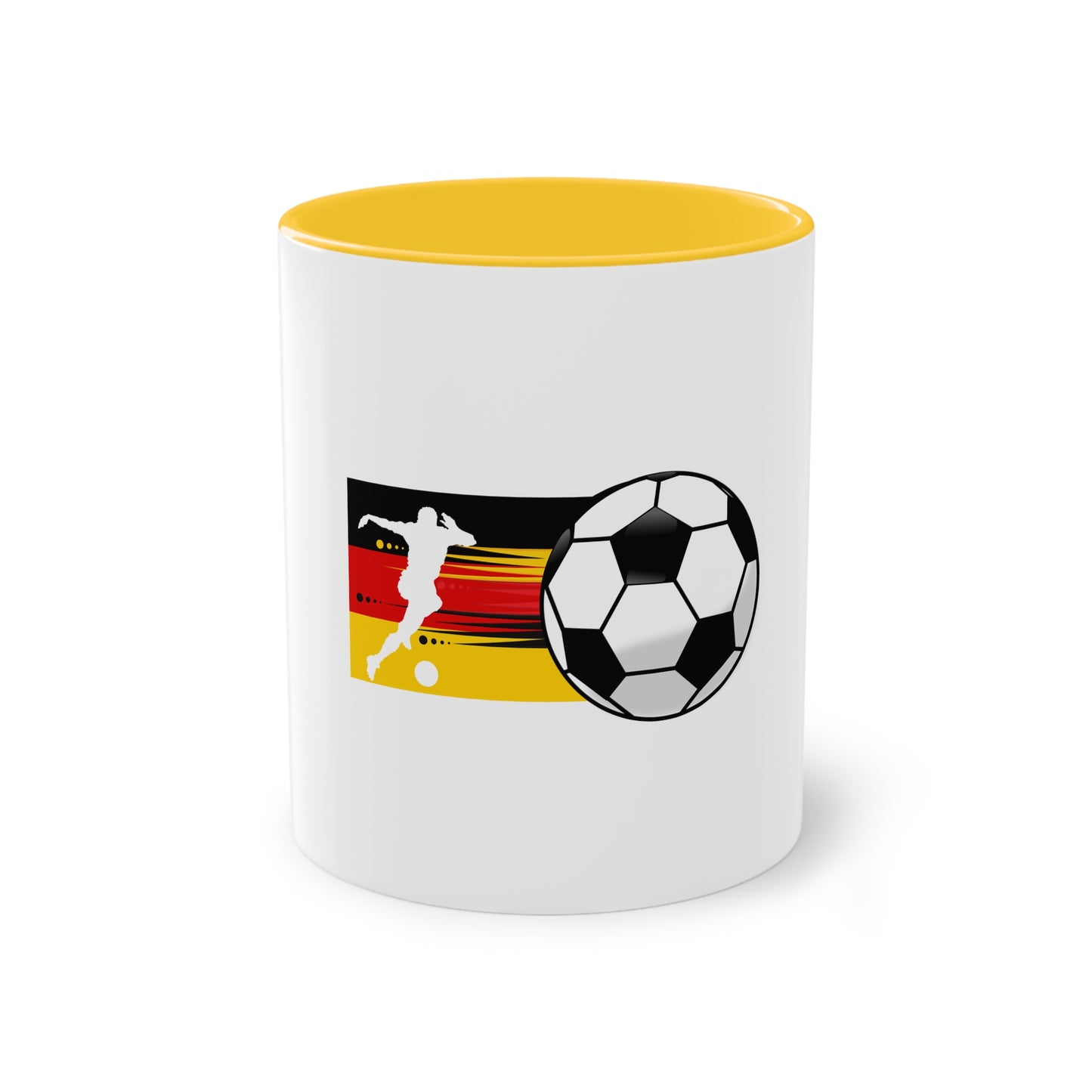 Die wahre Leidenschaft für Fußball auf Kaffeetassen bedruckt; weißer Außenbereich mit mehrfarbigem Innenbereich und Henkel, große; 11 Unzen