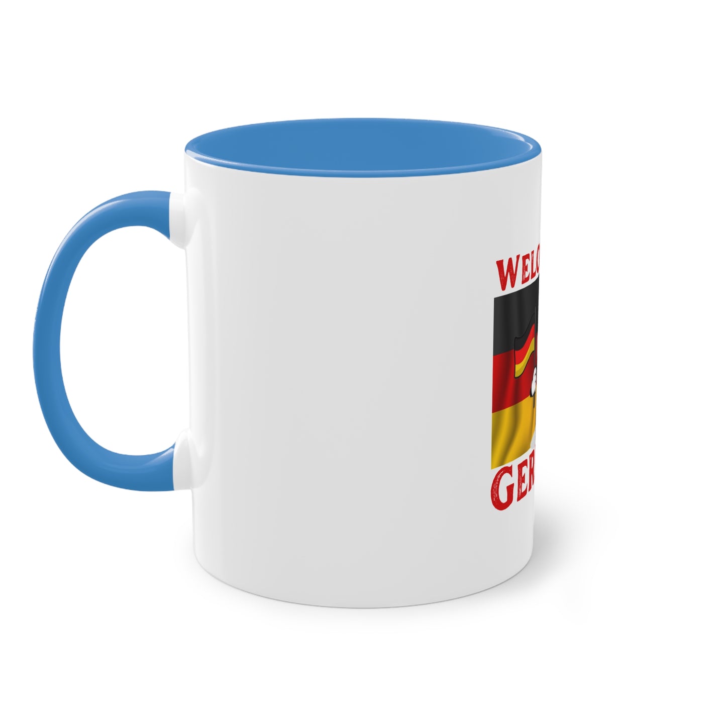 Welcome to Germany - Proud German culture auf Kaffeetassen, Teetassen bedruckt; weißer Außenbereich mit mehrfarbigem Innenbereich und Henkel, große; 11 Unzen.