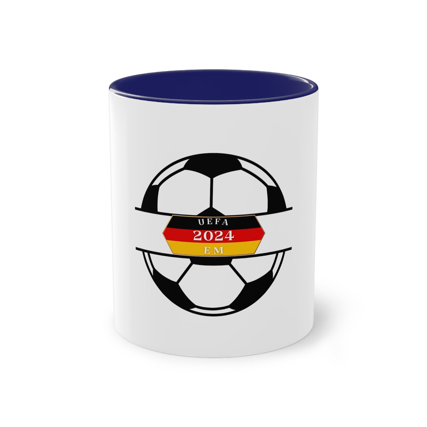 EURO Soccer 2024 in Germany, Deutschland EM-Souvenir auf Kaffeetassen, Teetassen bedruckt; weißer Außenbereich mit mehrfarbigem Innenbereich und Henkel, große; 11 Unzen