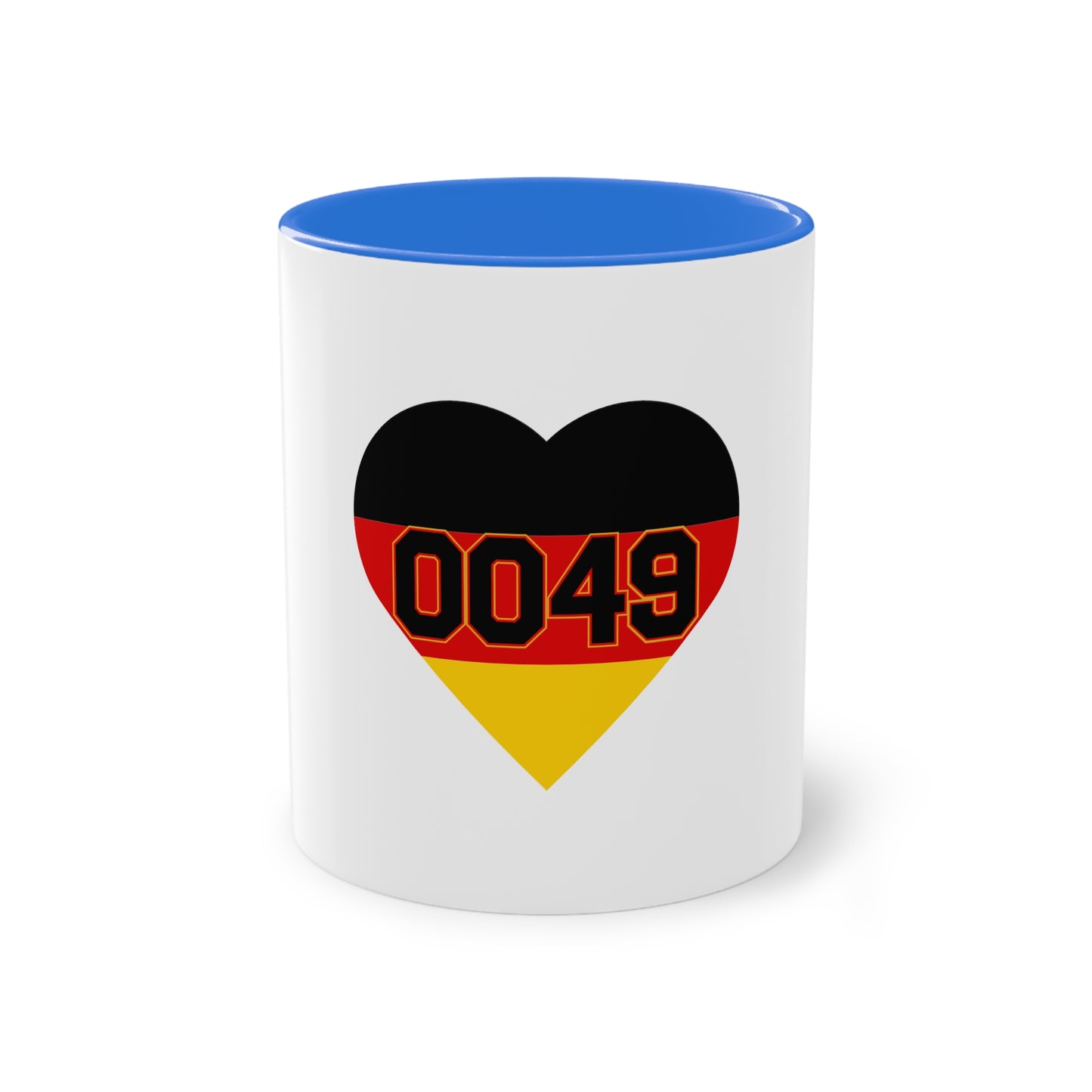 0049 Liebe für Deutschland auf Kaffeetassen, Teetassen bedruckt; weißer Außenbereich mit mehrfarbigem Innenbereich und Henkel, große; 11 Unzen