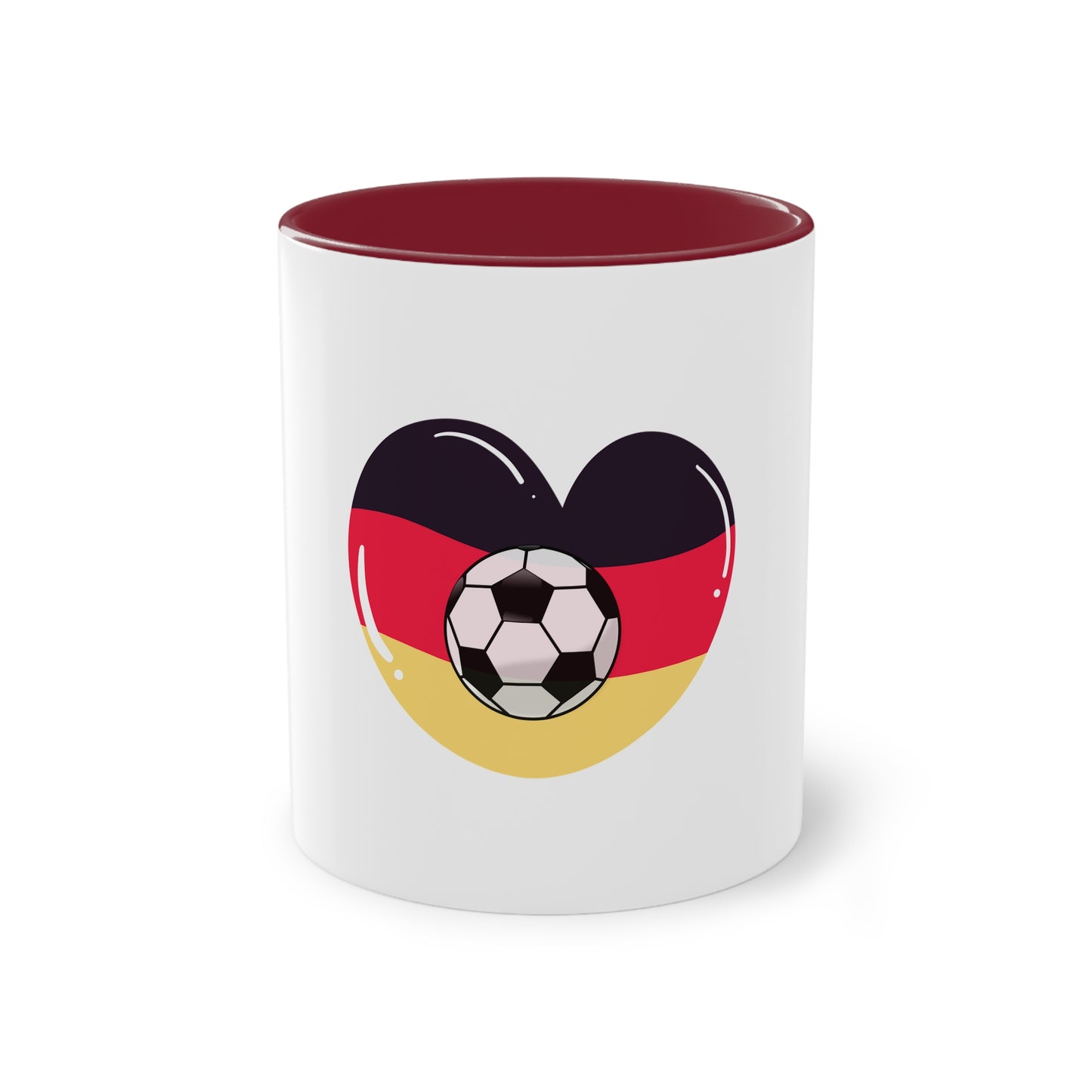 Ich liebe die Mannschaft auf Kaffeetassen, Teetassen bedruckt; weißer Außenbereich mit mehrfarbigem Innenbereich und Henkel, große; 11 Unzen