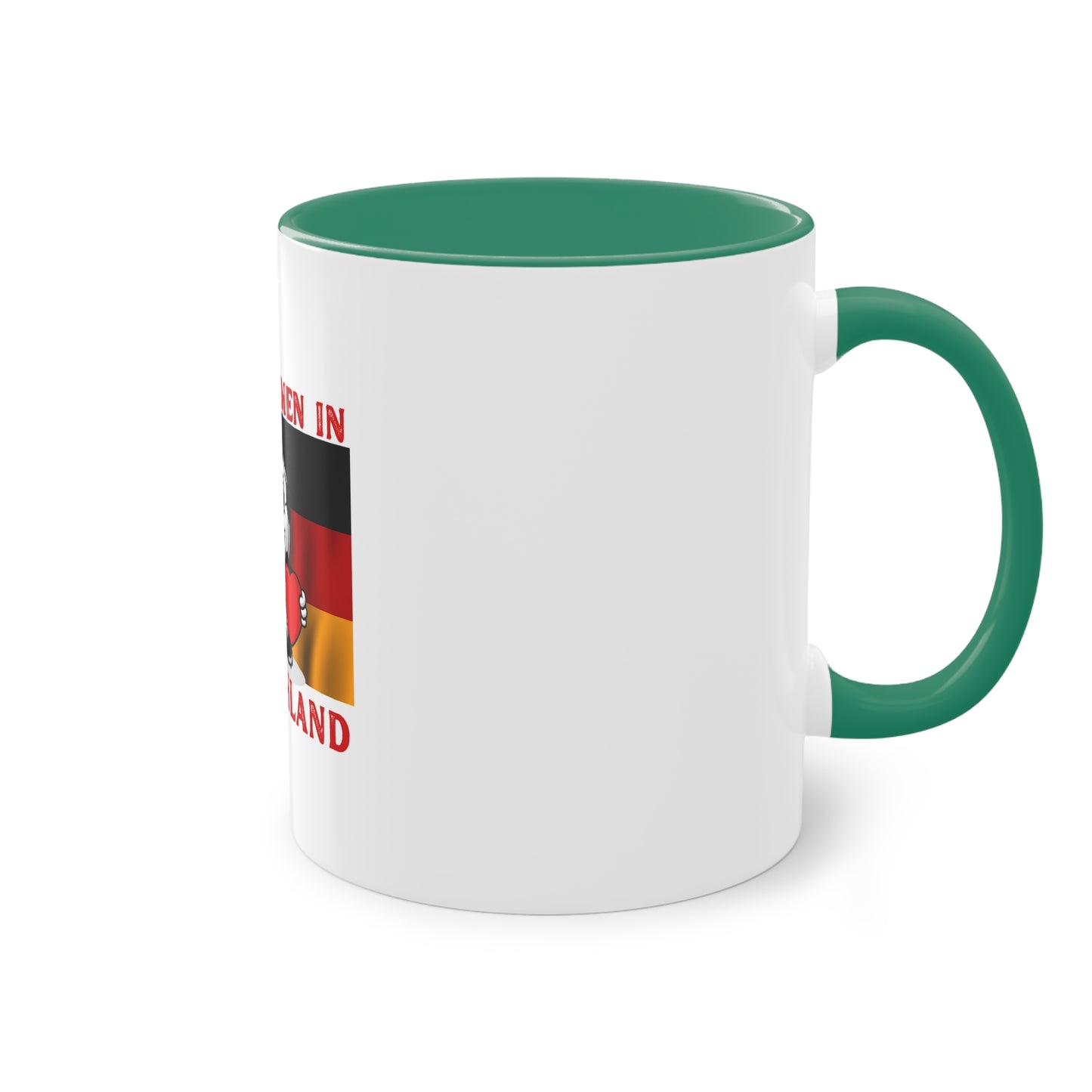 Willkommen in Deutschland - Stolz auf Deutschland - auf Kaffeetassen, Teetassen bedruckt; weißer Außenbereich mit mehrfarbigem Innenbereich und Henkel, große; 11 Unzen