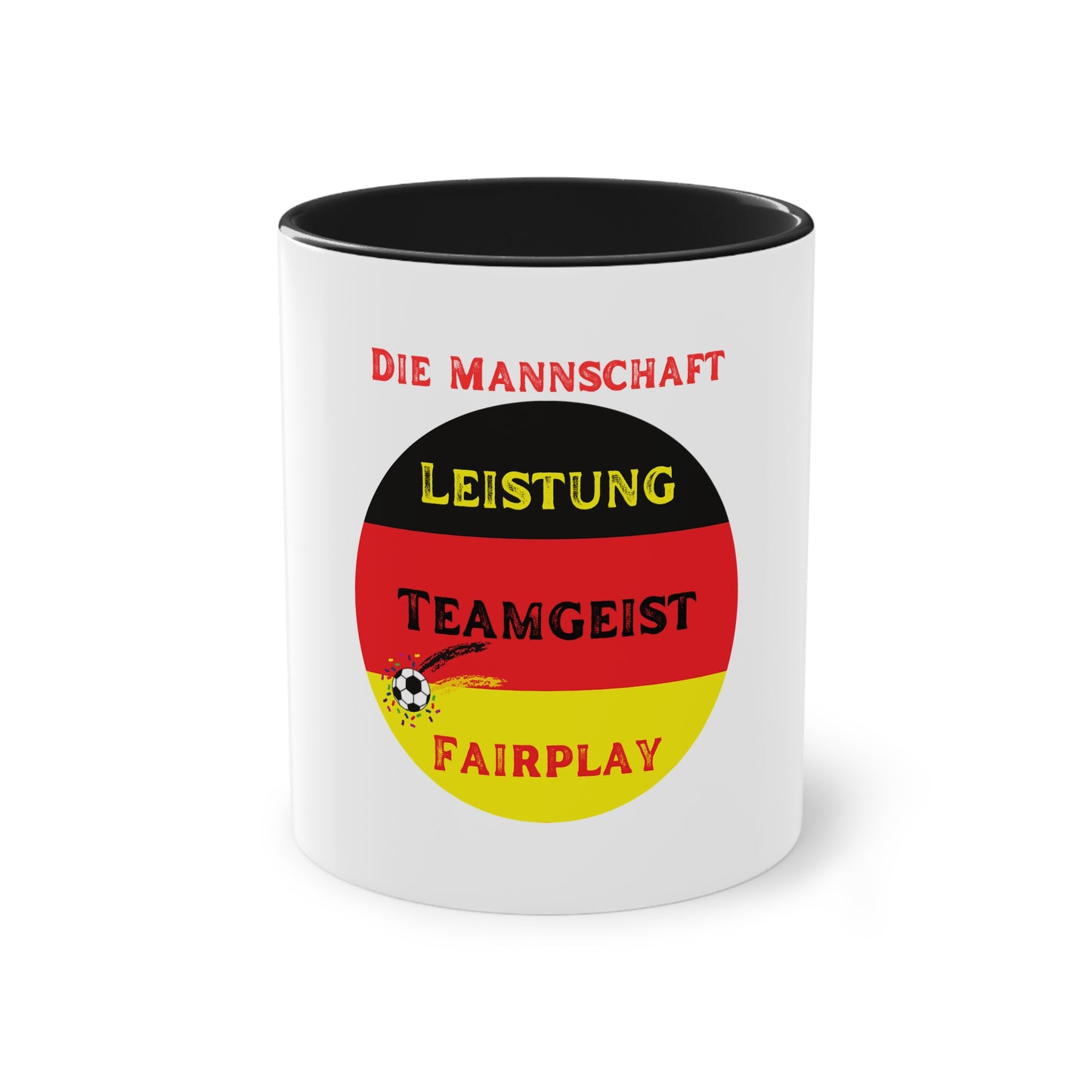 Die Mannschaft: Leistung, Teamgeist, Fairplay - auf Kaffeetassen, Teetassen bedruckt; weißer Außenbereich mit mehrfarbigem Innenbereich und Henkel, große; 11 Unzen