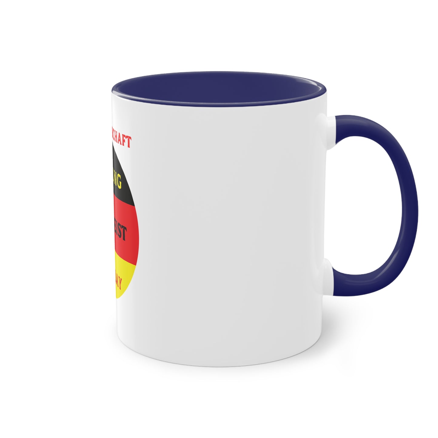 Die Mannschaft: Leistung, Teamgeist, Fairplay - auf Kaffeetassen, Teetassen bedruckt; weißer Außenbereich mit mehrfarbigem Innenbereich und Henkel, große; 11 Unzen
