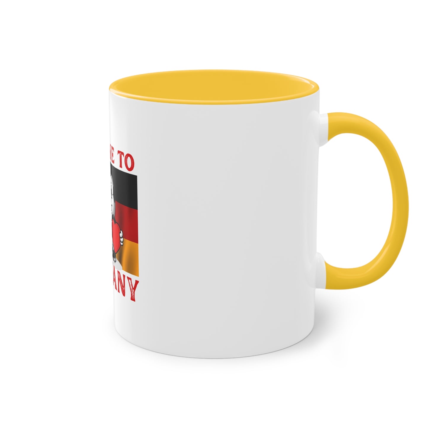 Welcome to Germany - Proud German culture auf Kaffeetassen, Teetassen bedruckt; weißer Außenbereich mit mehrfarbigem Innenbereich und Henkel, große; 11 Unzen.