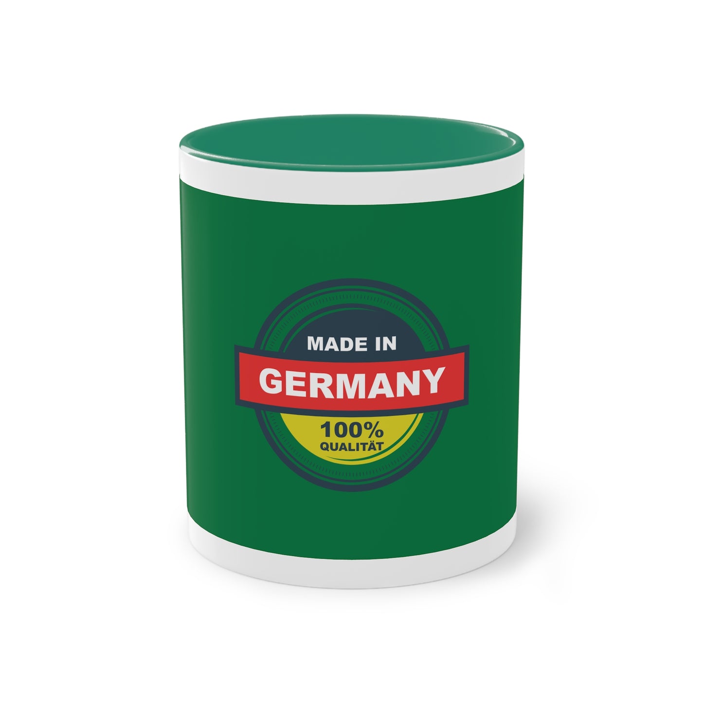 Made in Germany auf Kaffeetassen, Teetassen bedruckt; weißer Außenbereich mit mehrfarbigem Innenbereich und Henkel, große; 11 Unzen.