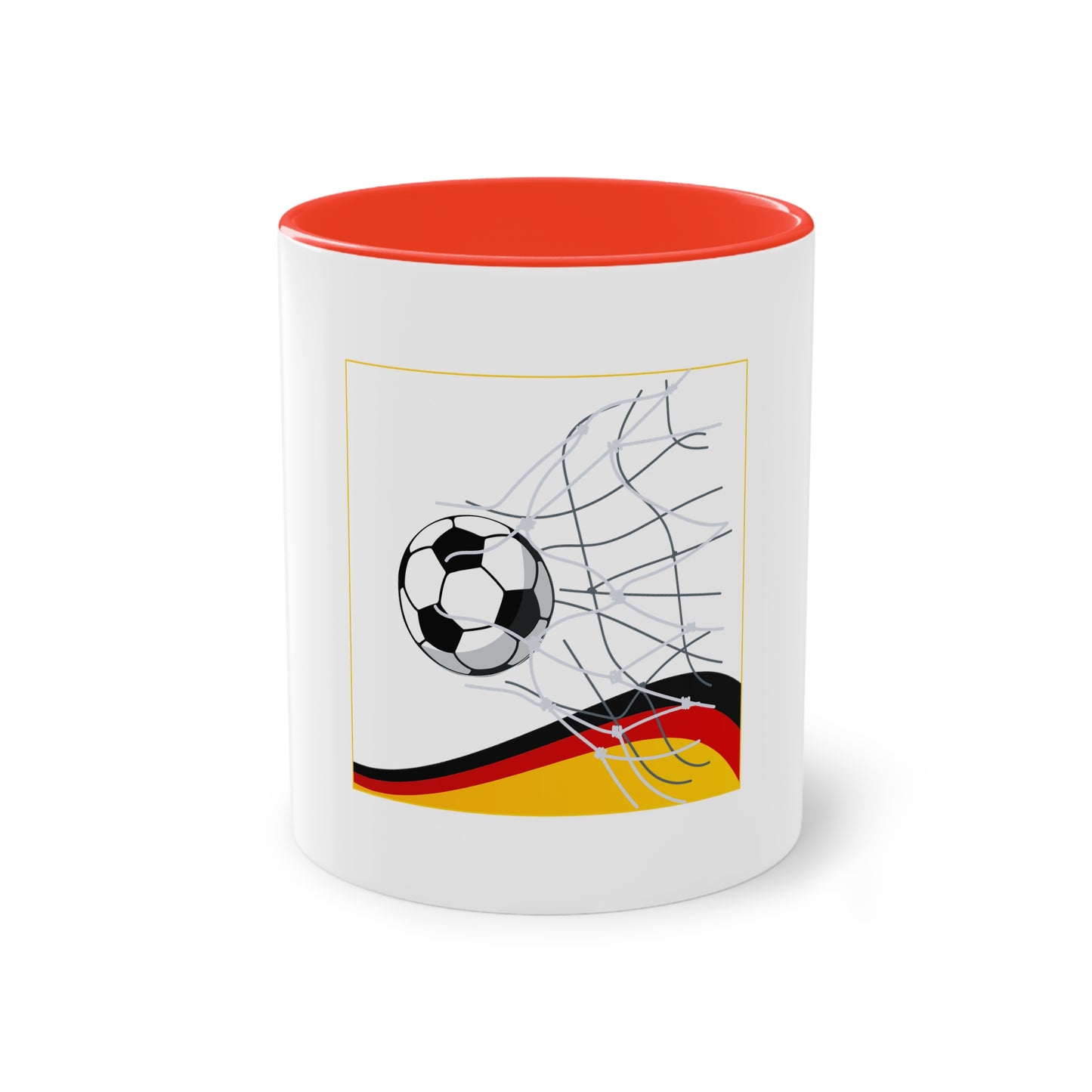 Deutschland Qualität Fußball auf Kaffeetassen, Teetassen bedruckt; weißer Außenbereich mit mehrfarbigem Innenbereich und Henkel, große; 11 Unzen