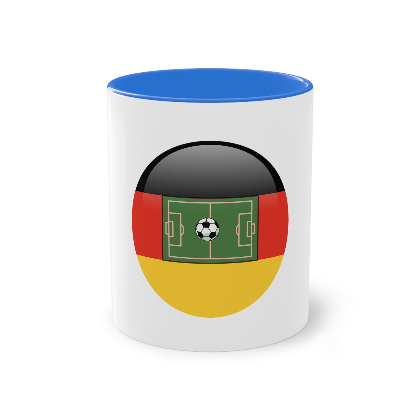 Top Qualität deutsches Soccer - auf Kaffeetassen, Teetassen bedruckt; weißer Außenbereich mit mehrfarbigem Innenbereich und Henkel, große; 11 Unzen