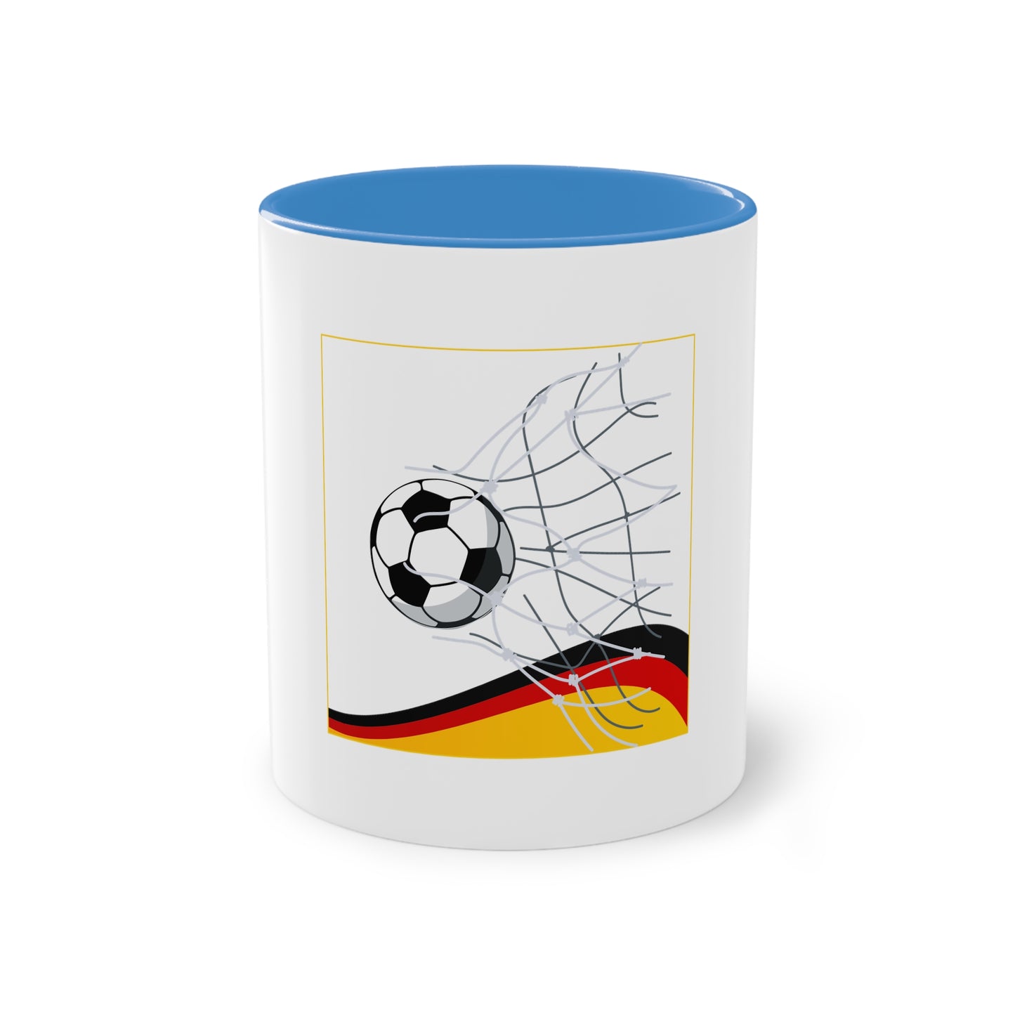 Deutschland Qualität Fußball auf Kaffeetassen, Teetassen bedruckt; weißer Außenbereich mit mehrfarbigem Innenbereich und Henkel, große; 11 Unzen