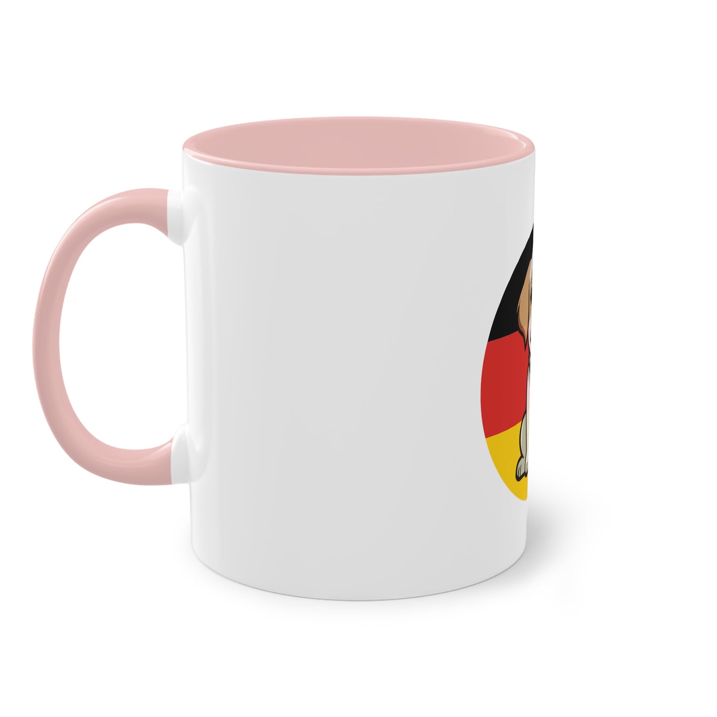 Deutschlands Bell-Brigade Puppy auf Kaffeetassen, Teetassen bedruckt; weißer Außenbereich mit mehrfarbigem Innenbereich und Henkel, große; 11 Unzen