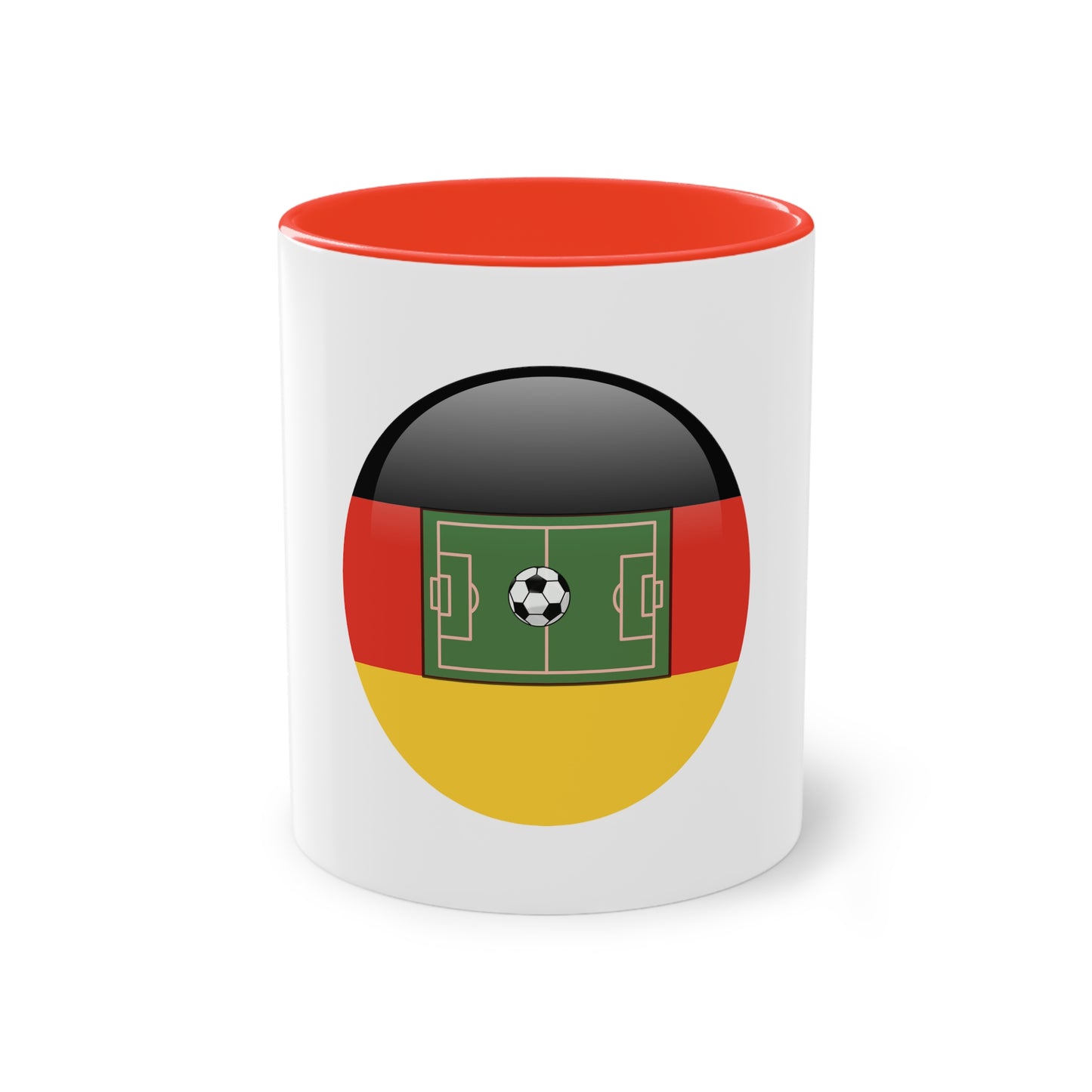 Top Qualität deutsches Soccer - auf Kaffeetassen, Teetassen bedruckt; weißer Außenbereich mit mehrfarbigem Innenbereich und Henkel, große; 11 Unzen