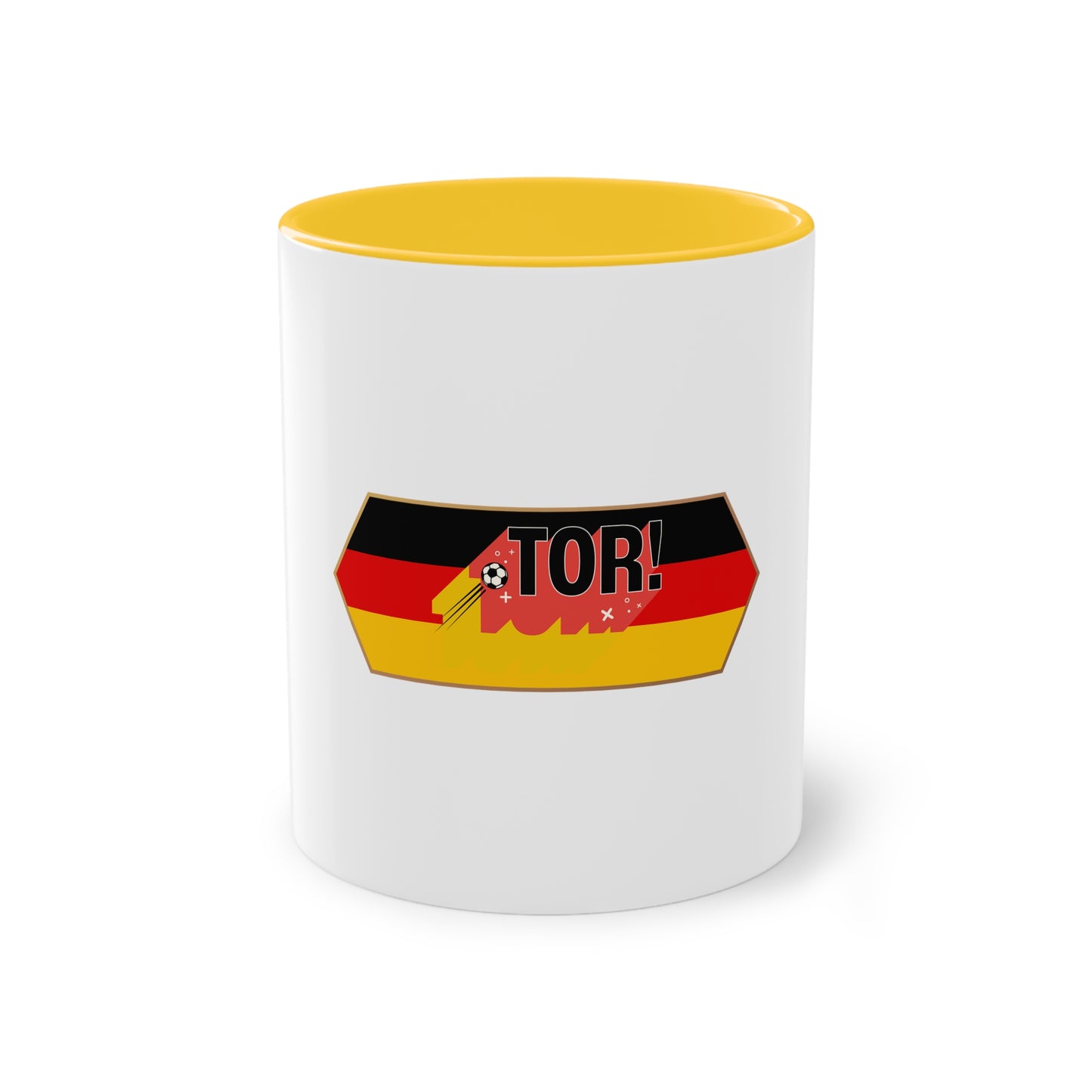 Tor!, Deutschland auf Kaffeetassen, Teetassen bedruckt; weißer Außenbereich mit mehrfarbigem Innenbereich und Henkel, große; 11 Unzen