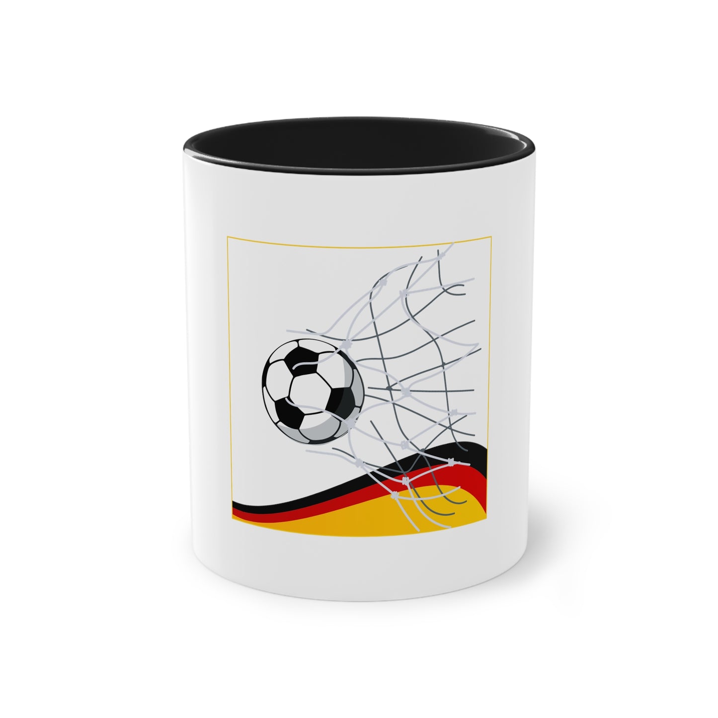 Deutschland Qualität Fußball auf Kaffeetassen, Teetassen bedruckt; weißer Außenbereich mit mehrfarbigem Innenbereich und Henkel, große; 11 Unzen