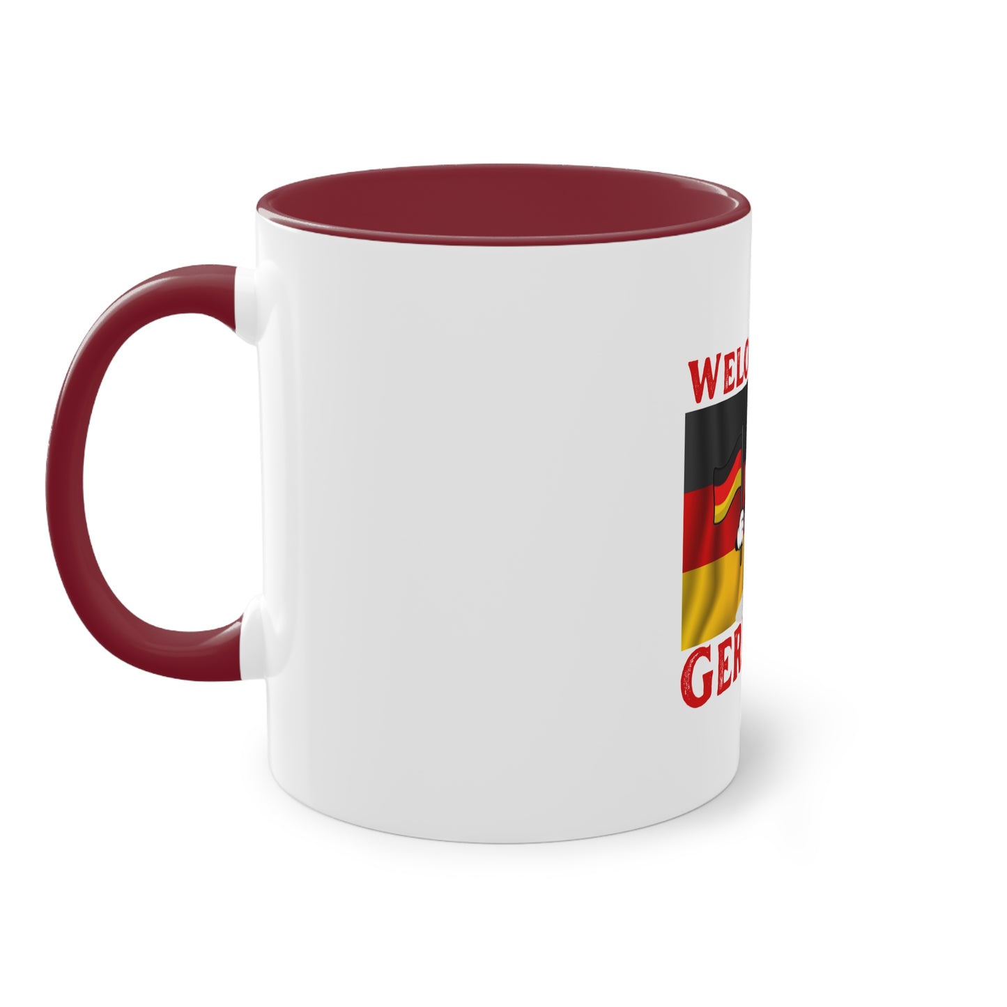 Welcome to Germany - Proud German culture auf Kaffeetassen, Teetassen bedruckt; weißer Außenbereich mit mehrfarbigem Innenbereich und Henkel, große; 11 Unzen.