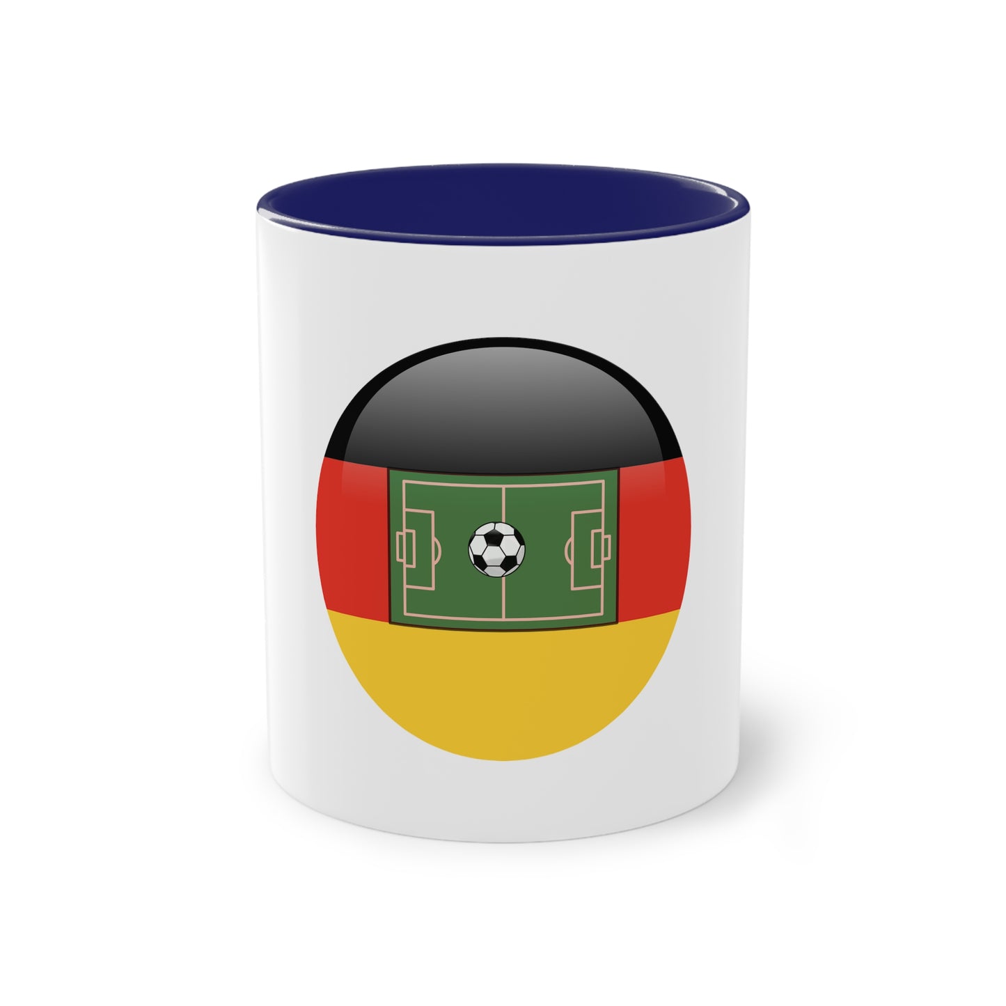Top Qualität deutsches Soccer - auf Kaffeetassen, Teetassen bedruckt; weißer Außenbereich mit mehrfarbigem Innenbereich und Henkel, große; 11 Unzen