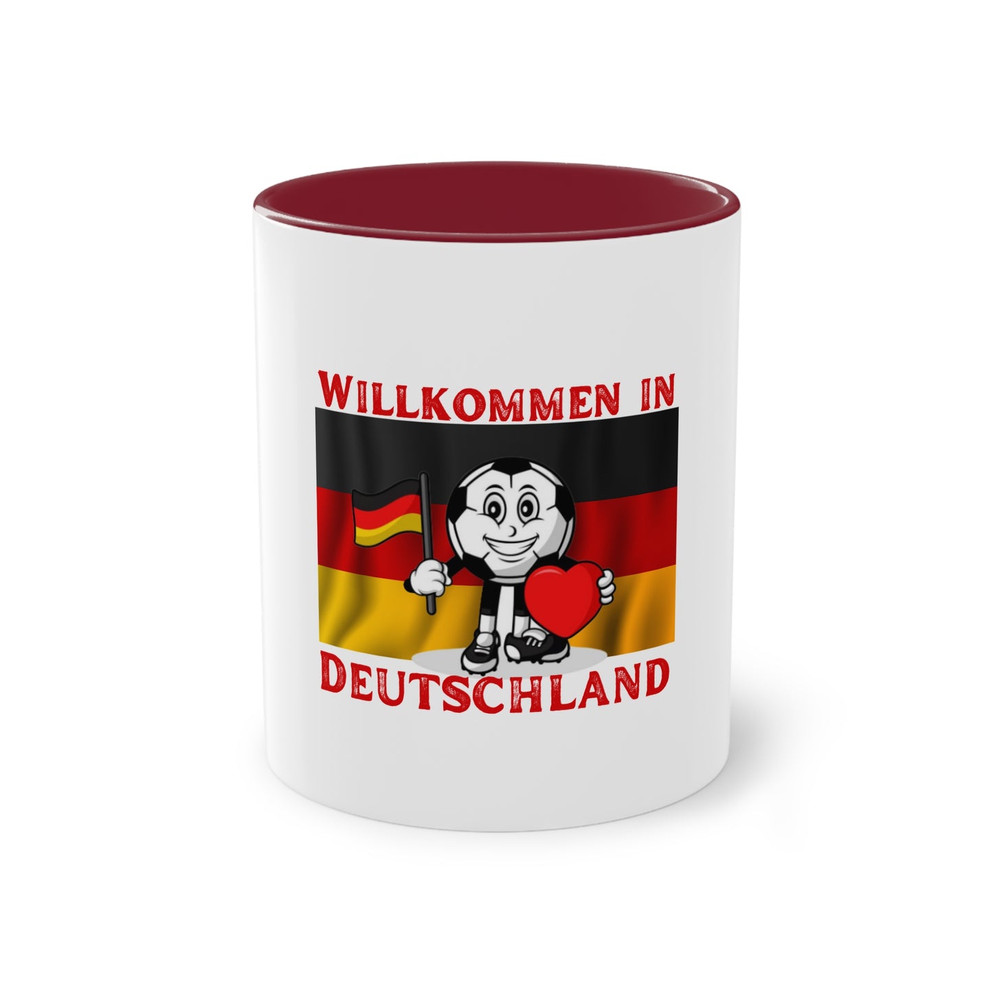 Willkommen in Deutschland - Stolz auf Deutschland - auf Kaffeetassen, Teetassen bedruckt; weißer Außenbereich mit mehrfarbigem Innenbereich und Henkel, große; 11 Unzen