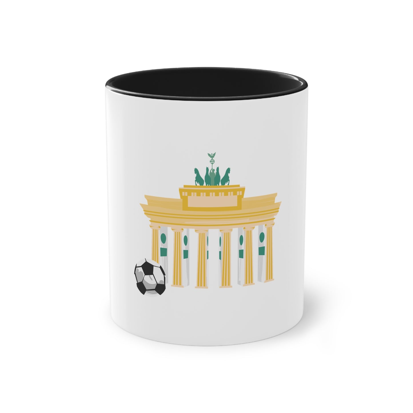 Fußball für Brandenburger Tor auf Kaffeetassen, Teetassen bedruckt; weißer Außenbereich mit mehrfarbigem Innenbereich und Henkel, große; 11 Unzen