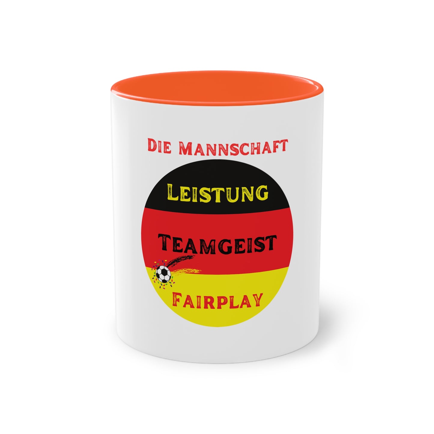 Die Mannschaft: Leistung, Teamgeist, Fairplay - auf Kaffeetassen, Teetassen bedruckt; weißer Außenbereich mit mehrfarbigem Innenbereich und Henkel, große; 11 Unzen