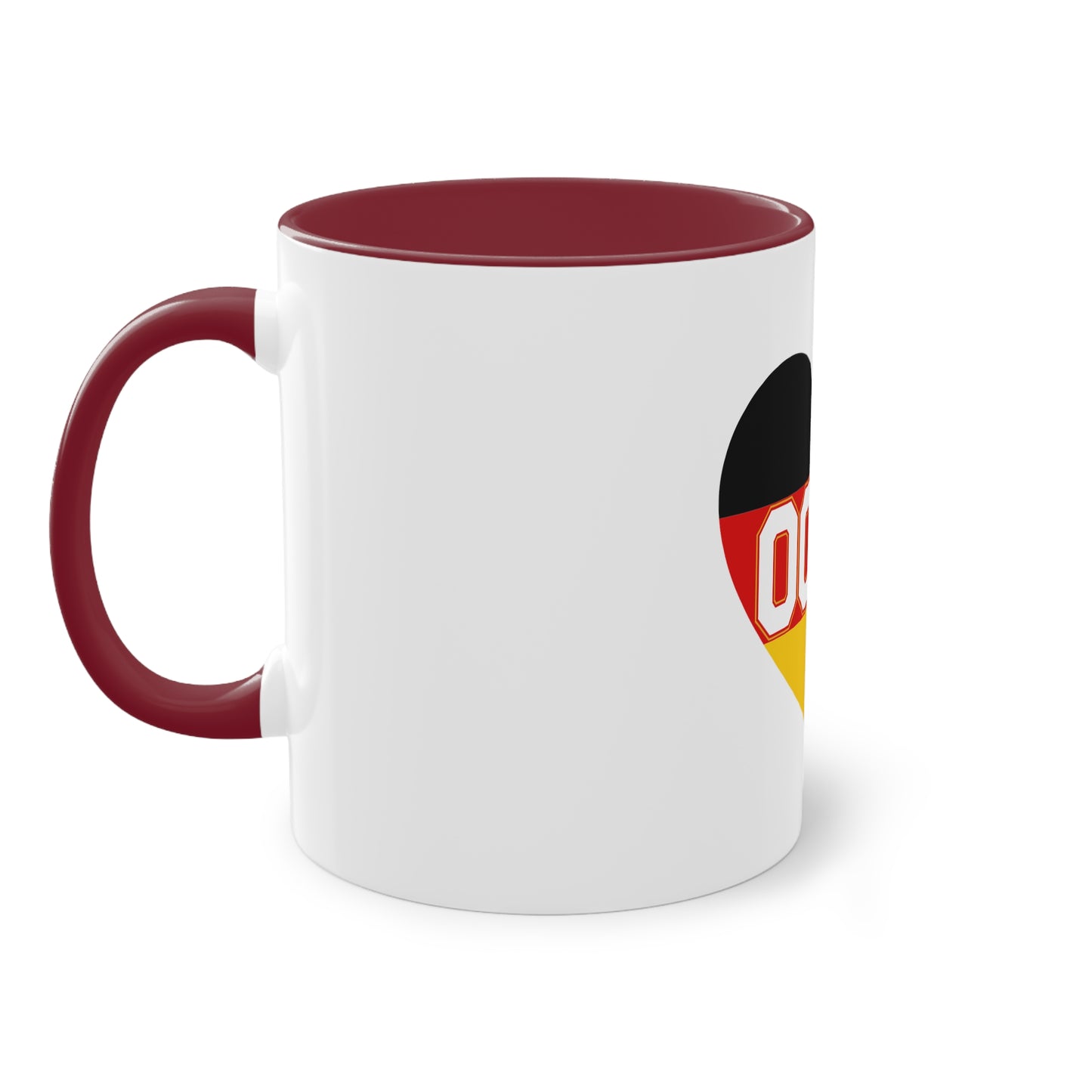 Ich liebe 0049 Deutschland auf Kaffeetassen, Teetassen bedruckt; weißer Außenbereich mit mehrfarbigem Innenbereich und Henkel, große; 11 Unzen