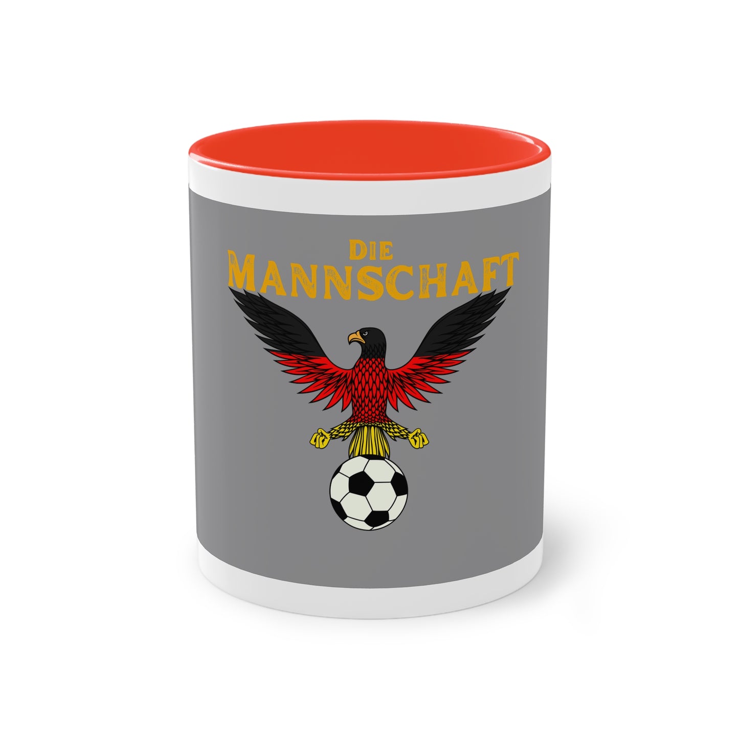 Die Mannschaft - Leistung ohne Ende auf Kaffeetassen, Teetassen bedruckt; weißer Außenbereich mit mehrfarbigem Innenbereich und Henkel, große; 11 Unzen.
