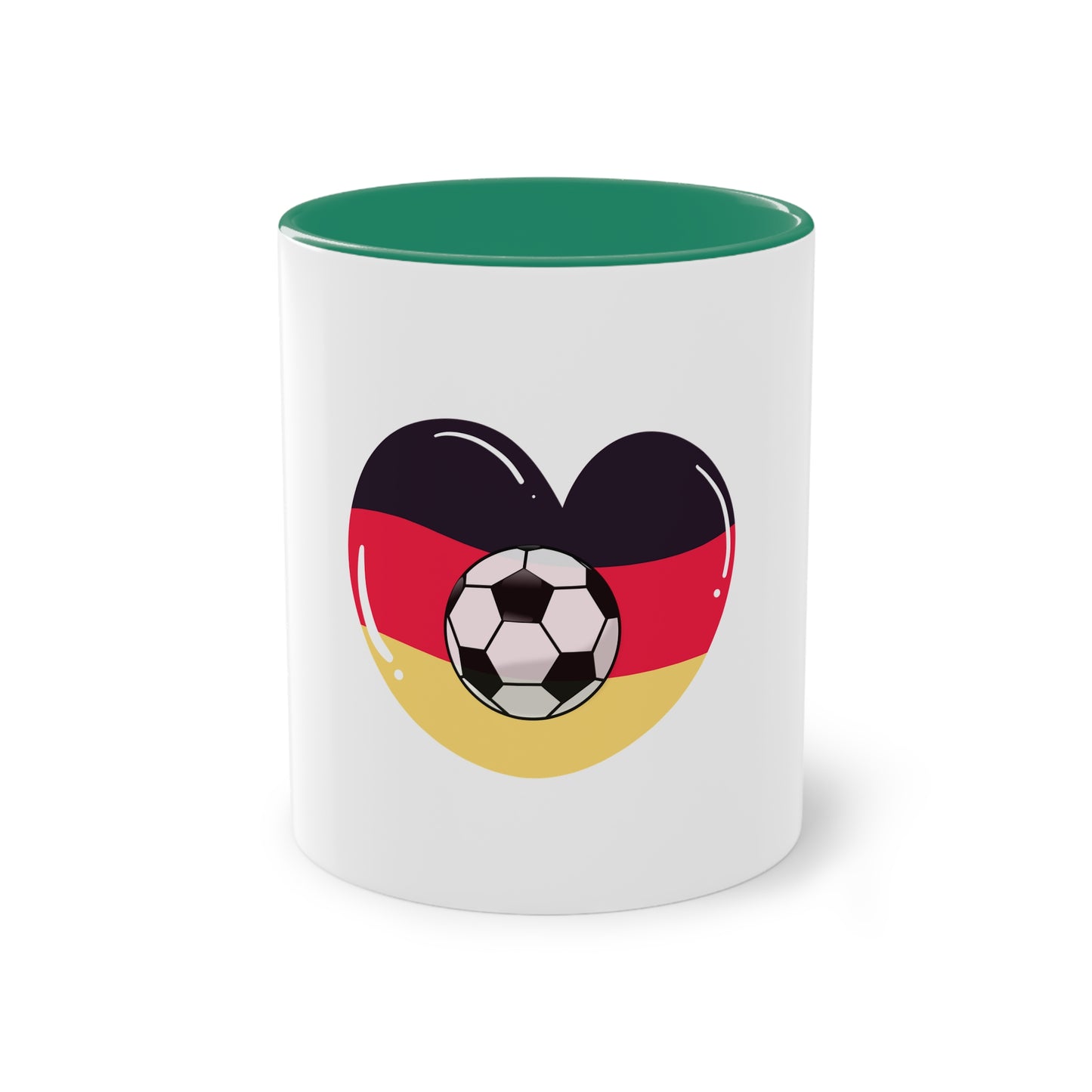 Ich liebe die Mannschaft auf Kaffeetassen, Teetassen bedruckt; weißer Außenbereich mit mehrfarbigem Innenbereich und Henkel, große; 11 Unzen