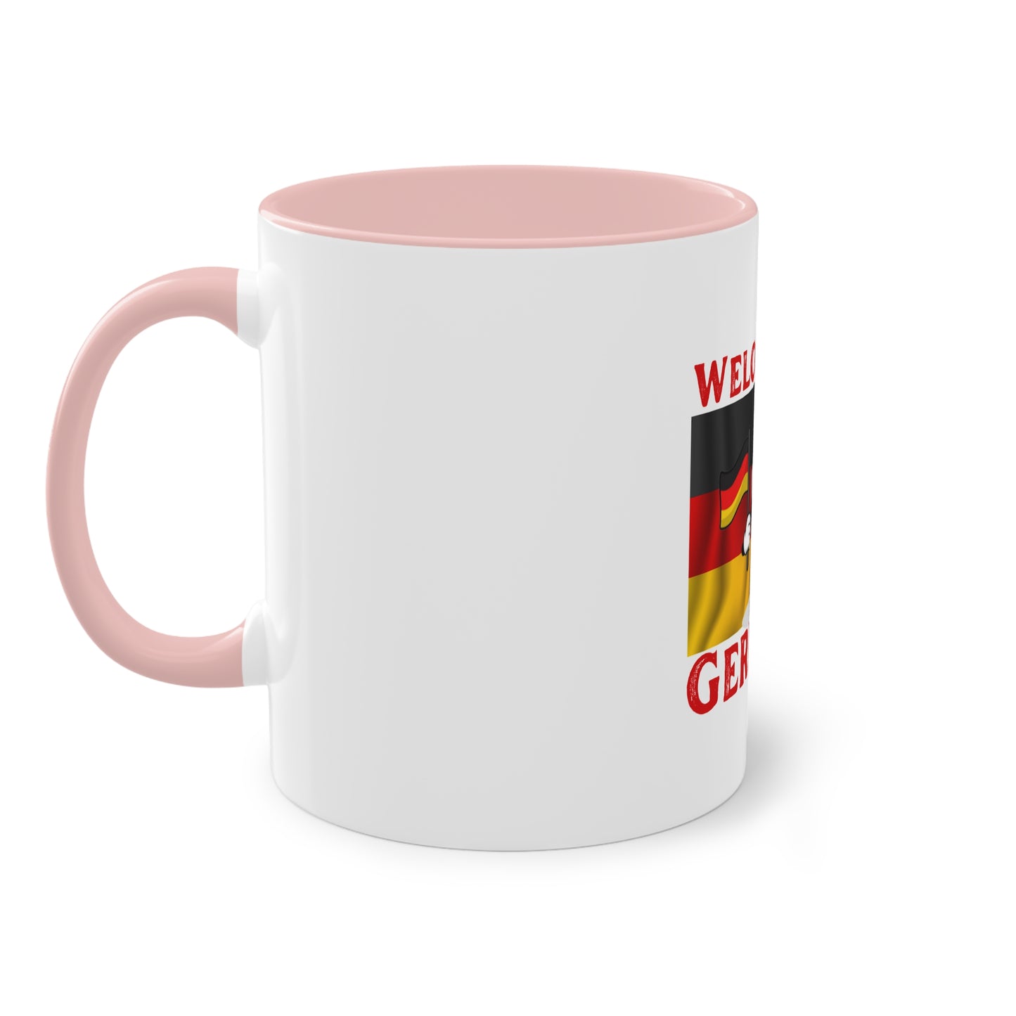 Welcome to Germany - Proud German culture auf Kaffeetassen, Teetassen bedruckt; weißer Außenbereich mit mehrfarbigem Innenbereich und Henkel, große; 11 Unzen.