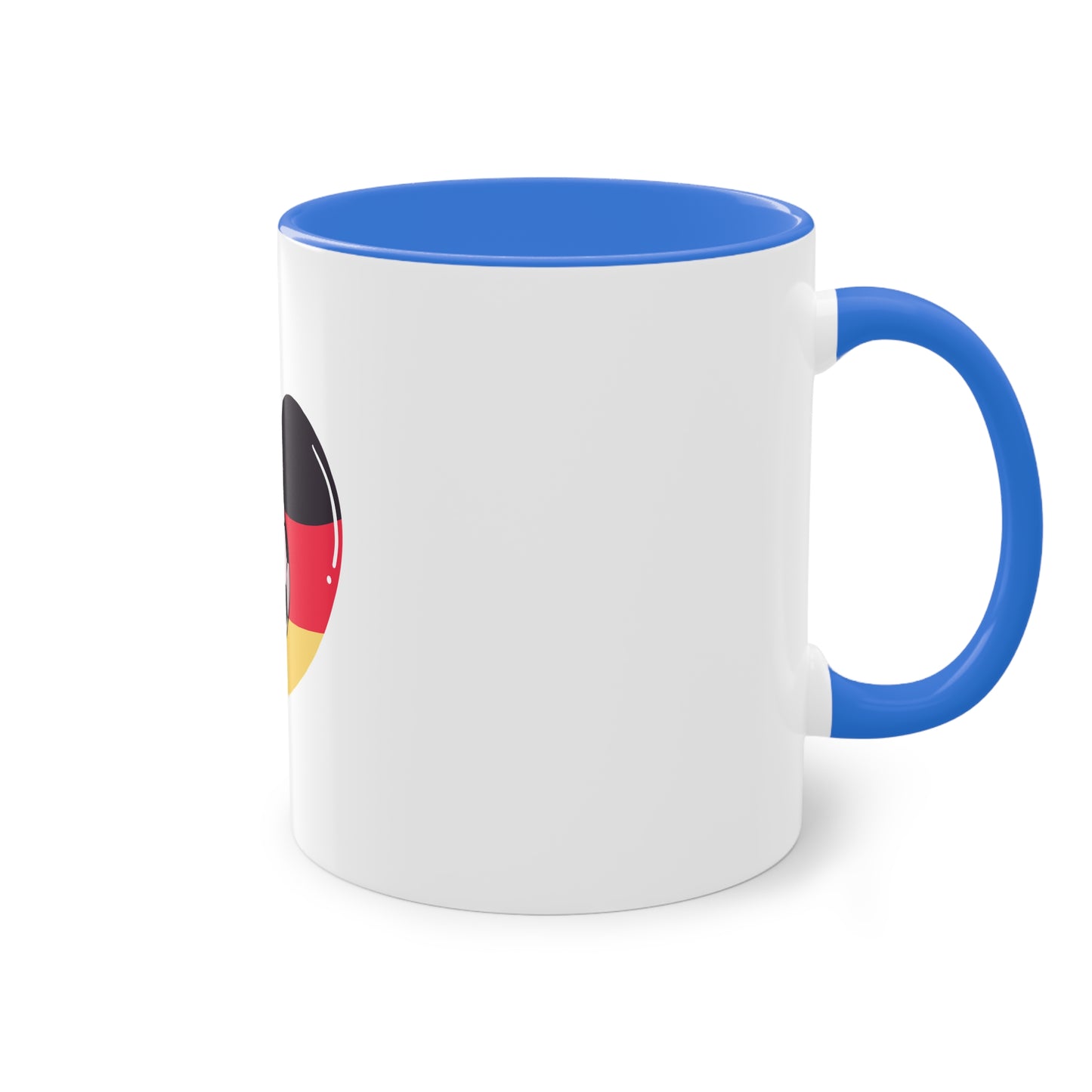 Ich liebe die Mannschaft auf Kaffeetassen, Teetassen bedruckt; weißer Außenbereich mit mehrfarbigem Innenbereich und Henkel, große; 11 Unzen