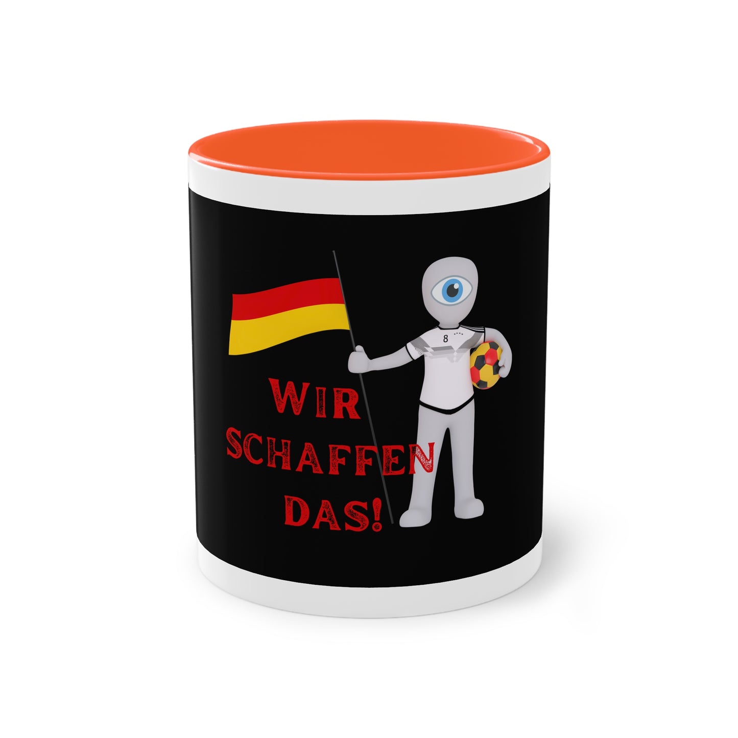 Wir schaffen das! - für Deutschland auf Kaffeetassen bedruckt; weißer Außenbereich mit mehrfarbigem Innenbereich und Henkel, große; 11 Unzen