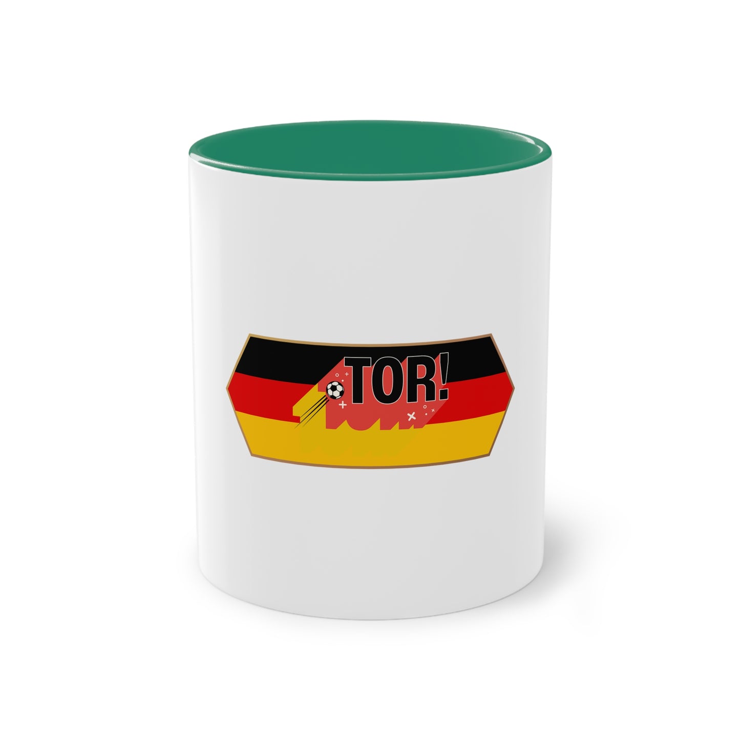 Tor!, Deutschland auf Kaffeetassen, Teetassen bedruckt; weißer Außenbereich mit mehrfarbigem Innenbereich und Henkel, große; 11 Unzen