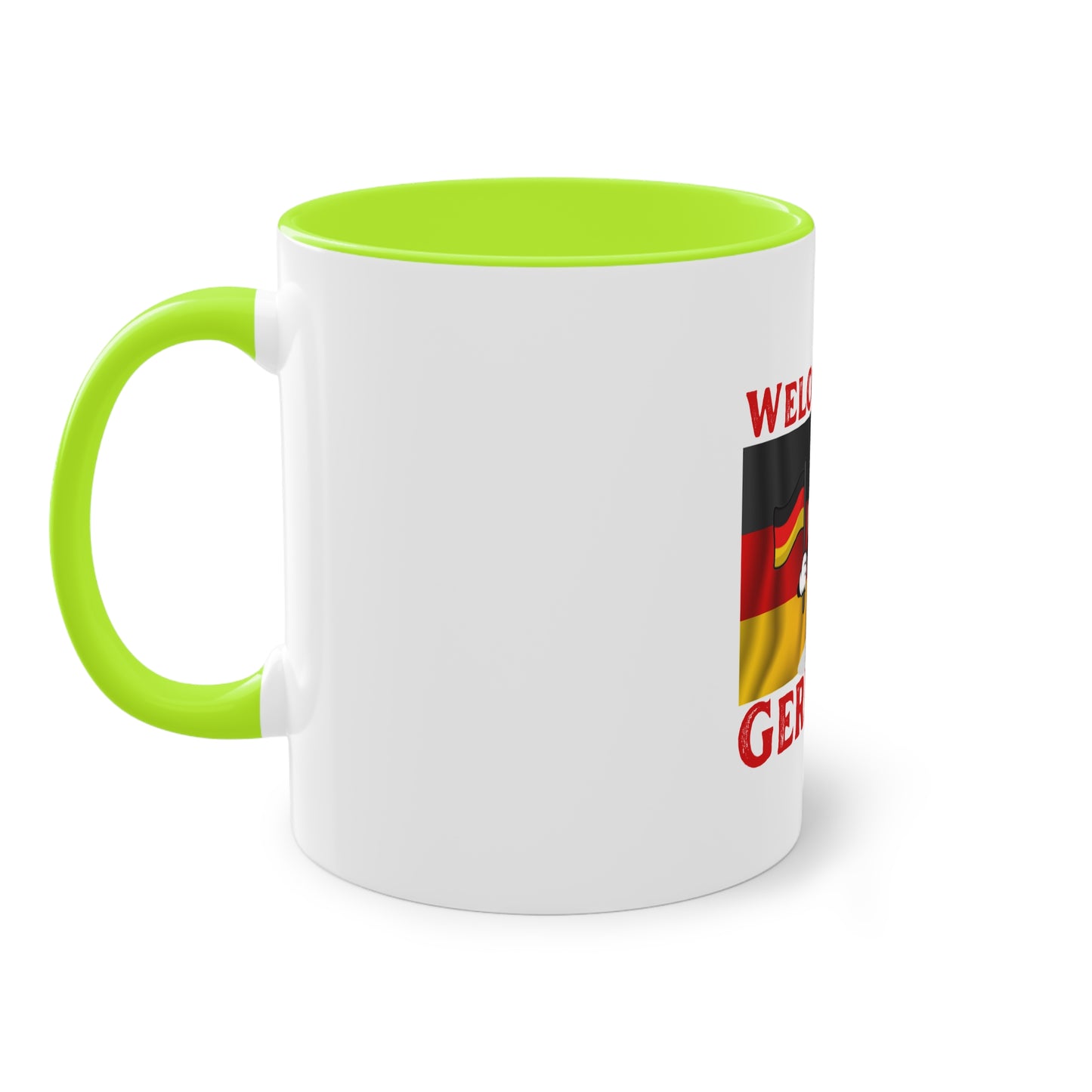 Welcome to Germany - Proud German culture auf Kaffeetassen, Teetassen bedruckt; weißer Außenbereich mit mehrfarbigem Innenbereich und Henkel, große; 11 Unzen.
