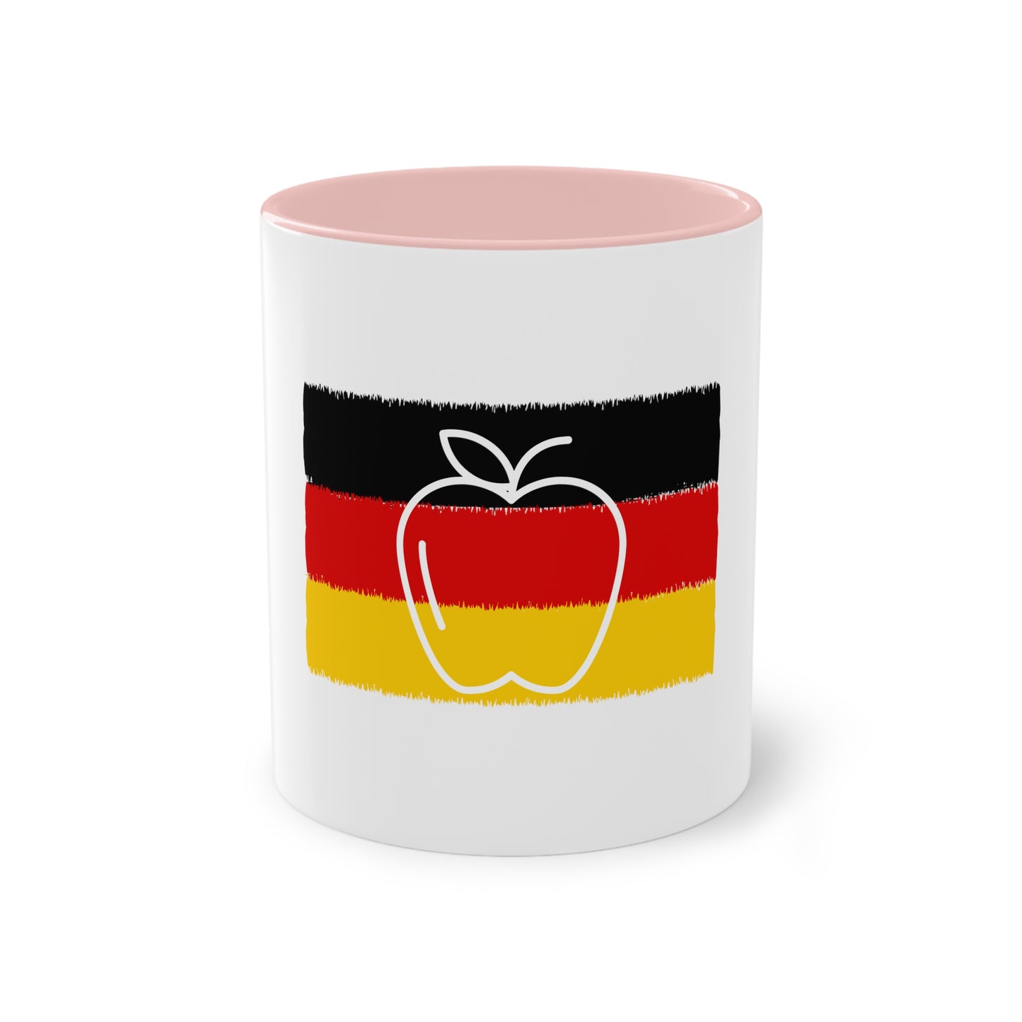 Apfel, ein Symbol für Energie und Liebe auf Kaffeetassen, Teetassen bedruckt; weißer Außenbereich mit mehrfarbigem Innenbereich und Henkel, große; 11 Unzen