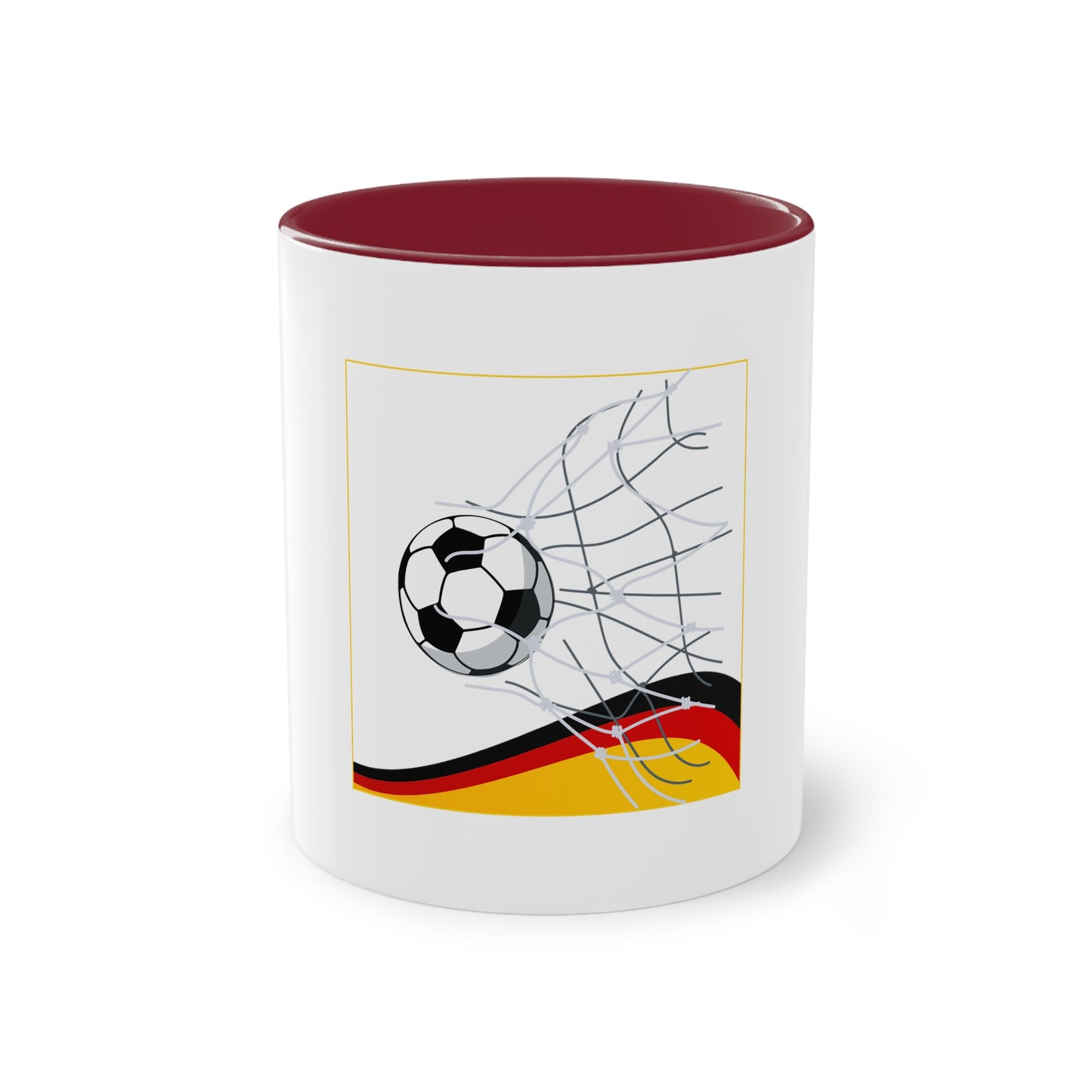 Deutschland Qualität Fußball auf Kaffeetassen, Teetassen bedruckt; weißer Außenbereich mit mehrfarbigem Innenbereich und Henkel, große; 11 Unzen