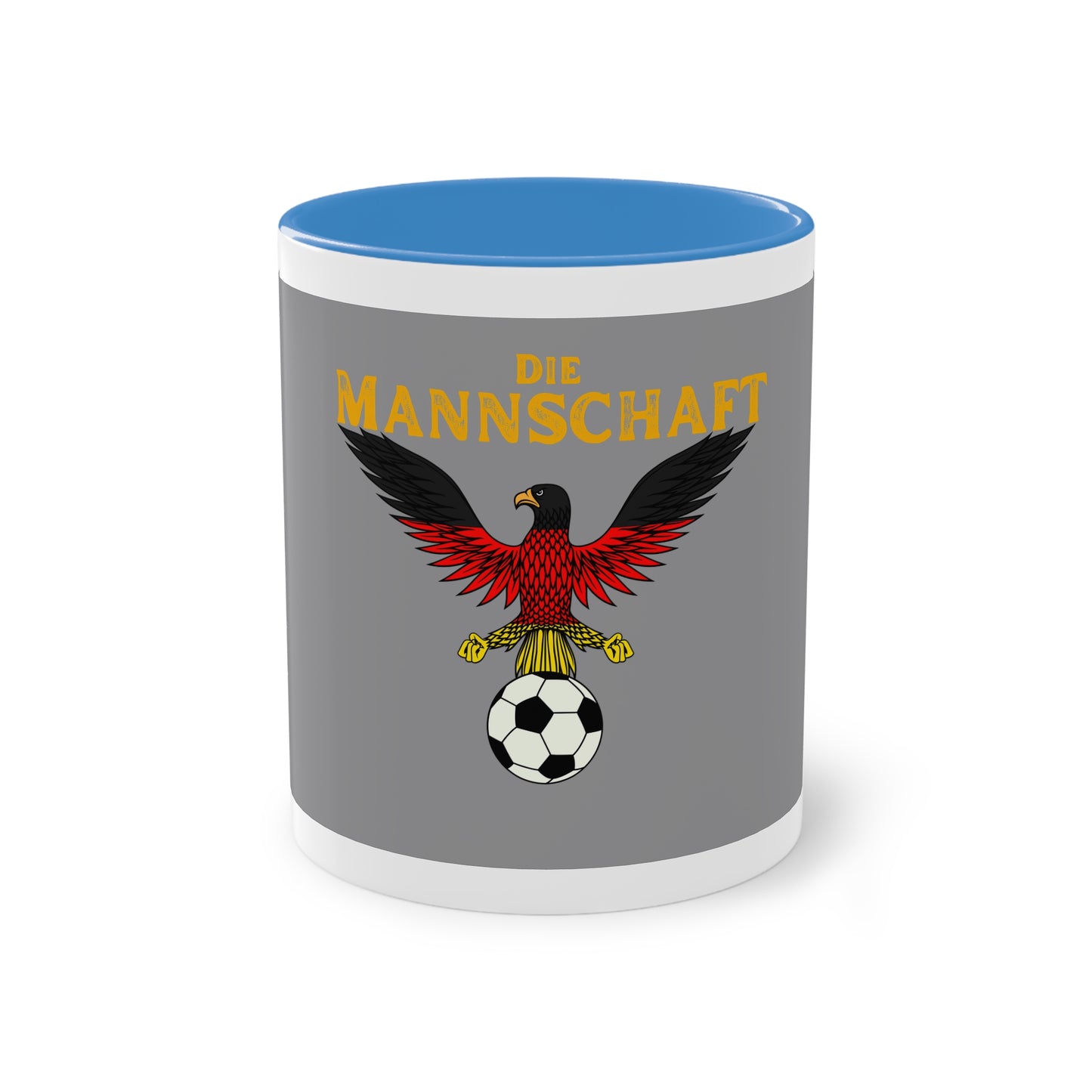 Die Mannschaft - Leistung ohne Ende auf Kaffeetassen, Teetassen bedruckt; weißer Außenbereich mit mehrfarbigem Innenbereich und Henkel, große; 11 Unzen.