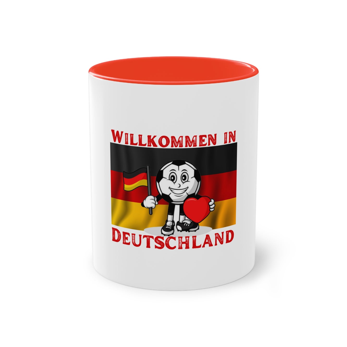 Willkommen in Deutschland - Stolz auf Deutschland - auf Kaffeetassen, Teetassen bedruckt; weißer Außenbereich mit mehrfarbigem Innenbereich und Henkel, große; 11 Unzen