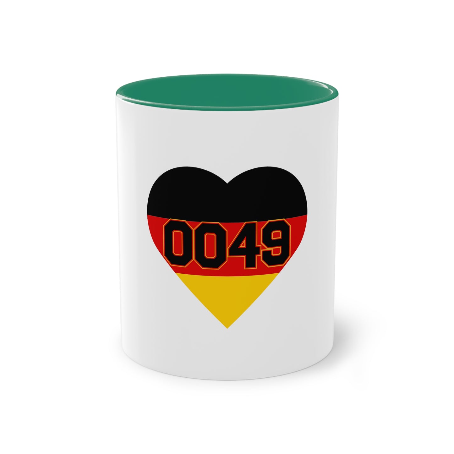 0049 Liebe für Deutschland auf Kaffeetassen, Teetassen bedruckt; weißer Außenbereich mit mehrfarbigem Innenbereich und Henkel, große; 11 Unzen