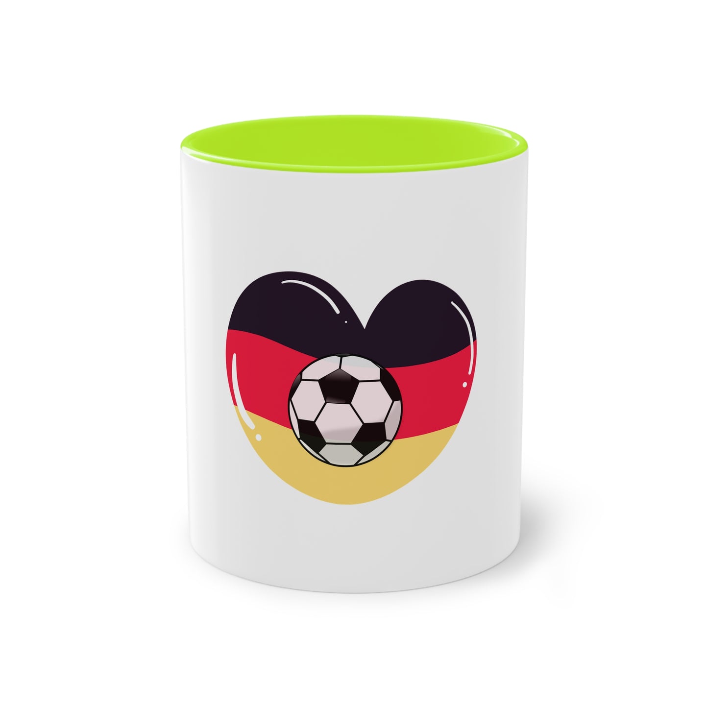 Ich liebe die Mannschaft auf Kaffeetassen, Teetassen bedruckt; weißer Außenbereich mit mehrfarbigem Innenbereich und Henkel, große; 11 Unzen