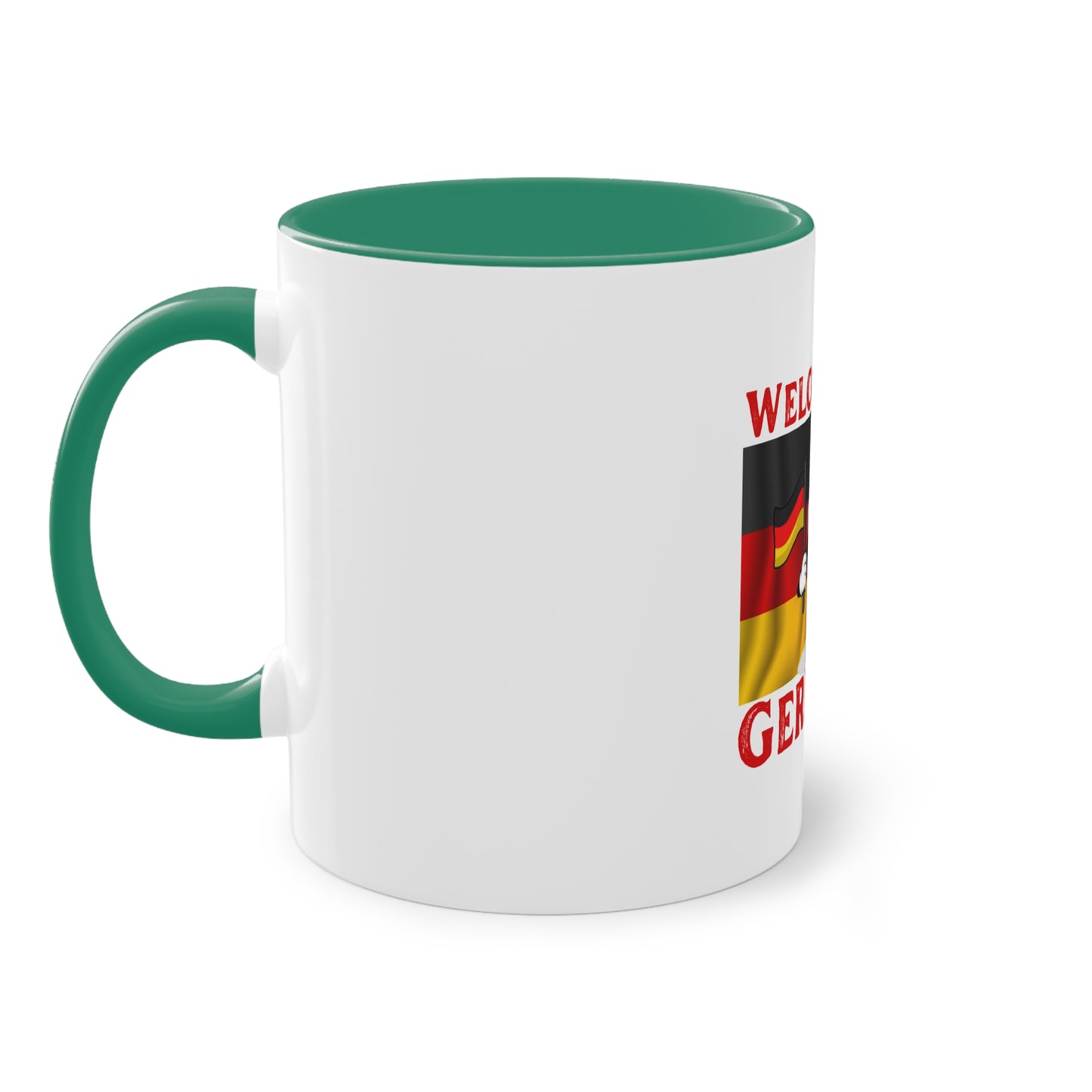 Welcome to Germany - Proud German culture auf Kaffeetassen, Teetassen bedruckt; weißer Außenbereich mit mehrfarbigem Innenbereich und Henkel, große; 11 Unzen.