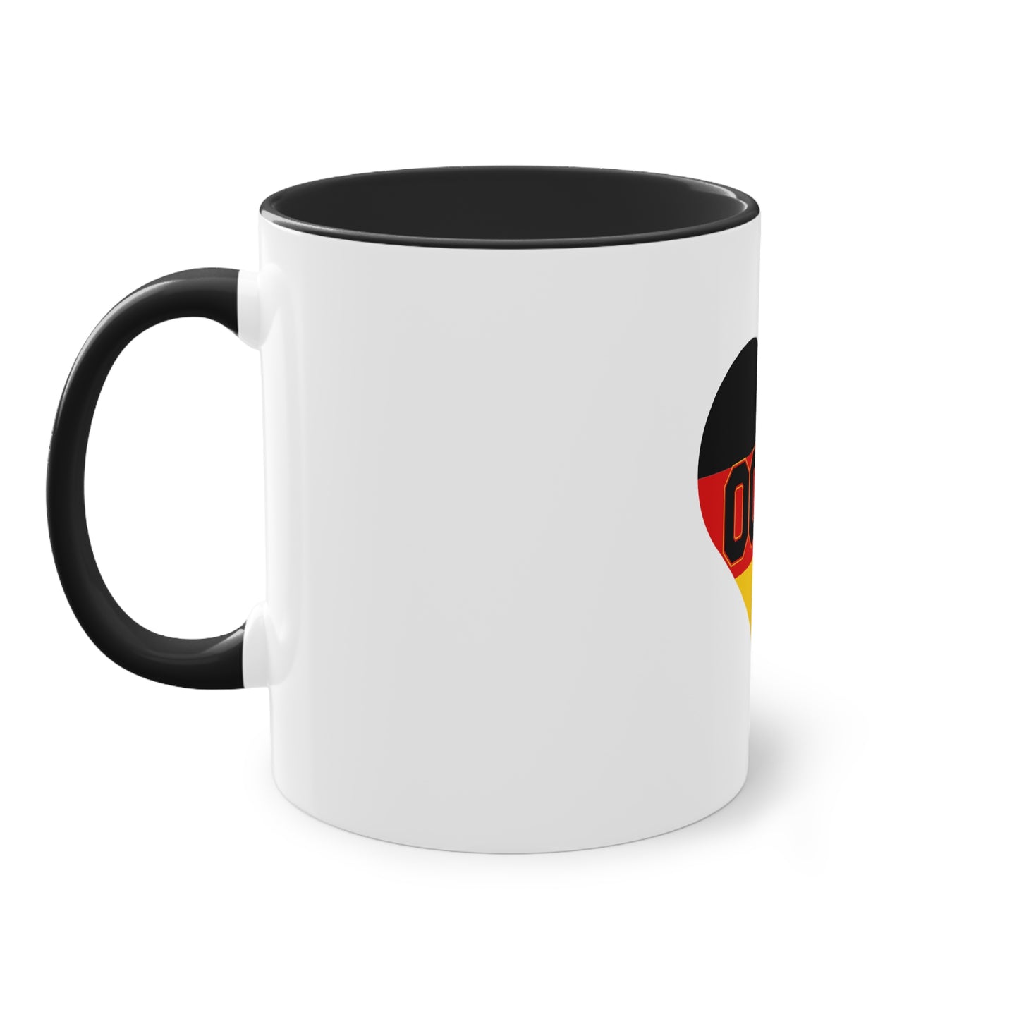 0049 Liebe für Deutschland auf Kaffeetassen, Teetassen bedruckt; weißer Außenbereich mit mehrfarbigem Innenbereich und Henkel, große; 11 Unzen
