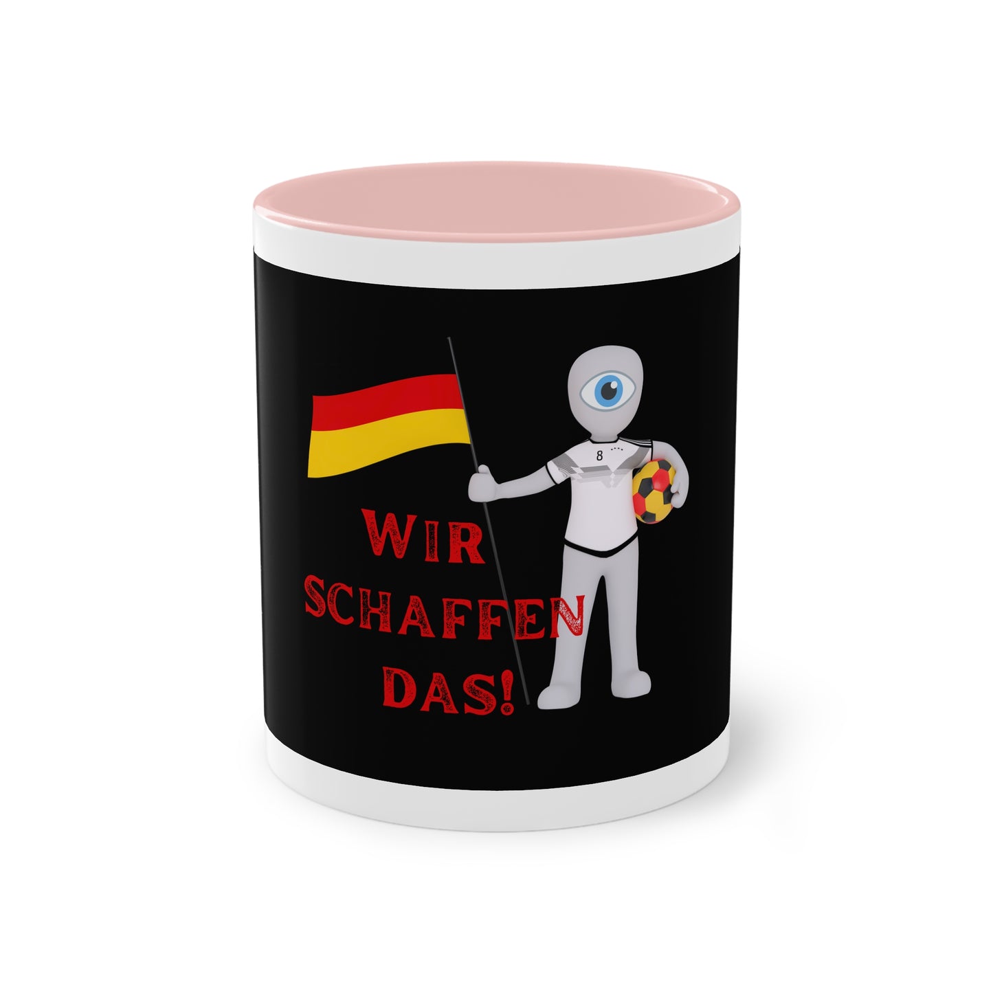 Wir schaffen das! - für Deutschland auf Kaffeetassen bedruckt; weißer Außenbereich mit mehrfarbigem Innenbereich und Henkel, große; 11 Unzen
