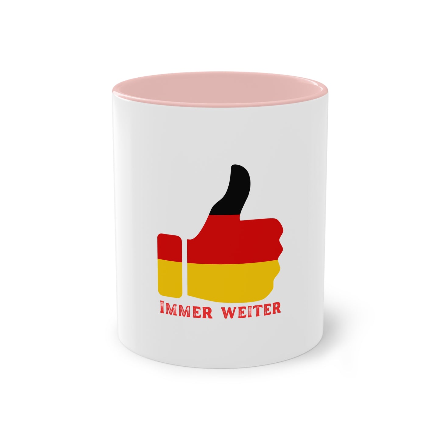 Immer weiter für Deutschland auf Kaffeetassen, Teetassen bedruckt; weißer Außenbereich mit mehrfarbigem Innenbereich und Henkel, große; 11 Unzen