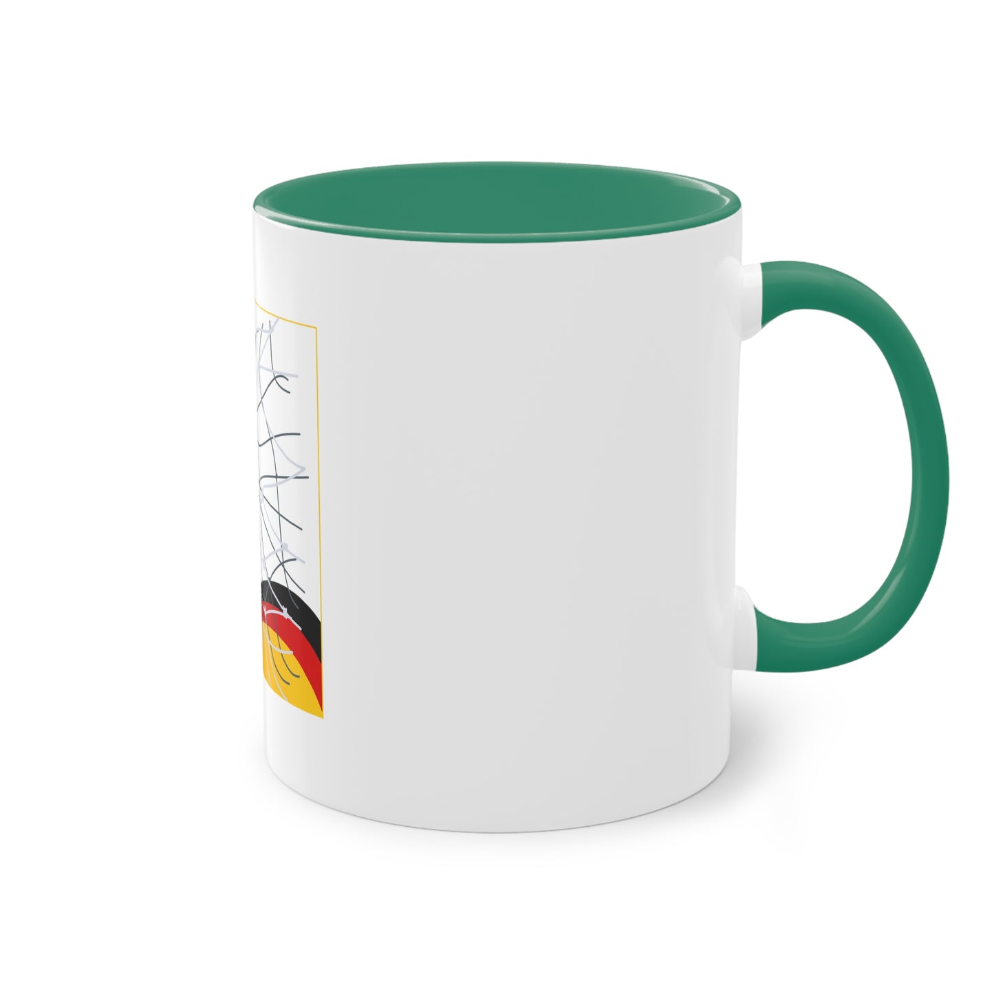 Deutschland Qualität Fußball auf Kaffeetassen, Teetassen bedruckt; weißer Außenbereich mit mehrfarbigem Innenbereich und Henkel, große; 11 Unzen
