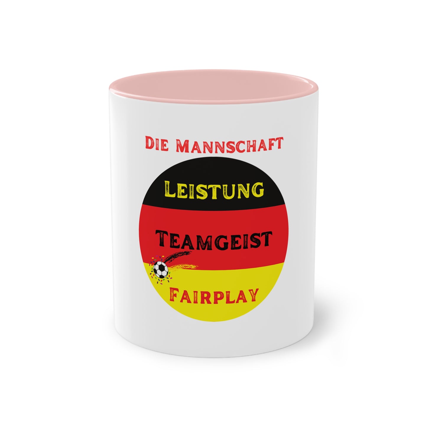 Die Mannschaft: Leistung, Teamgeist, Fairplay - auf Kaffeetassen, Teetassen bedruckt; weißer Außenbereich mit mehrfarbigem Innenbereich und Henkel, große; 11 Unzen