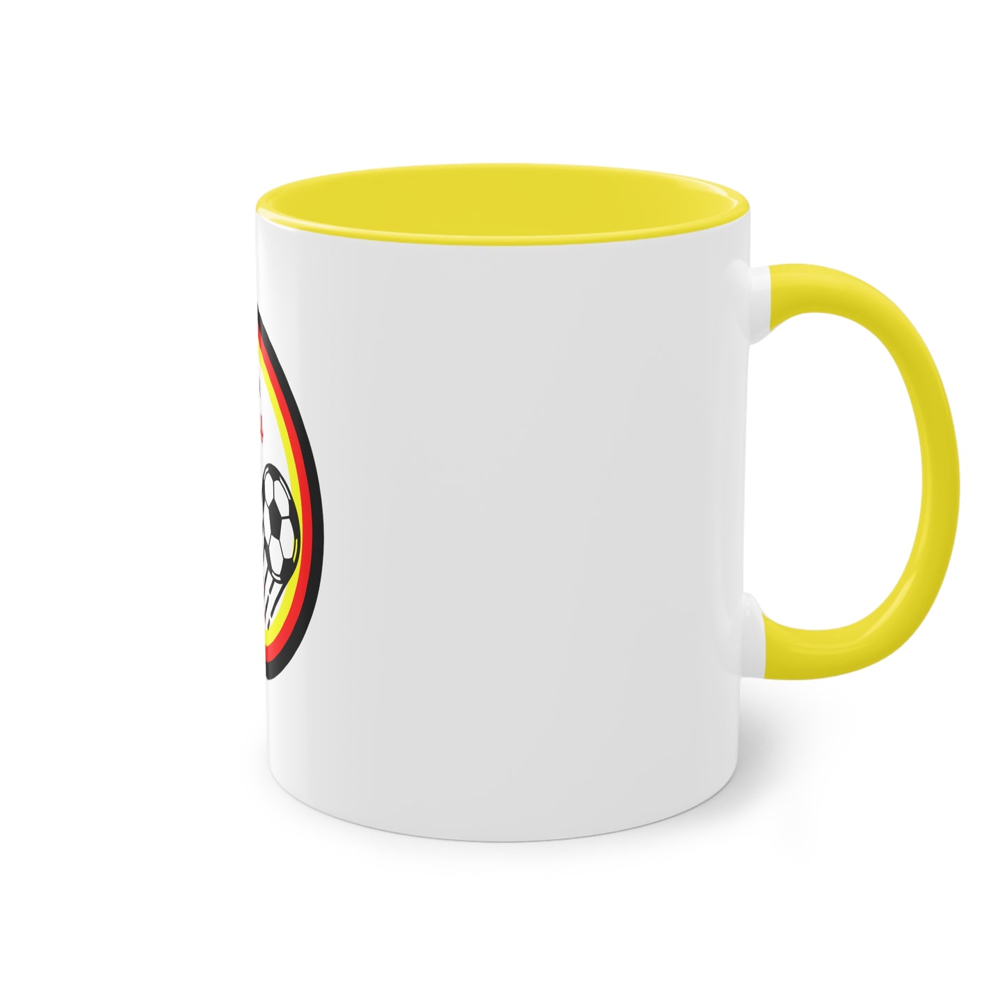 Fußball, EURO 2024 in Germany, Deutschland EM-Souvenir auf Kaffeetassen, Teetassen bedruckt; weißer Außenbereich mit mehrfarbigem Innenbereich und Henkel, große; 11 Unzen