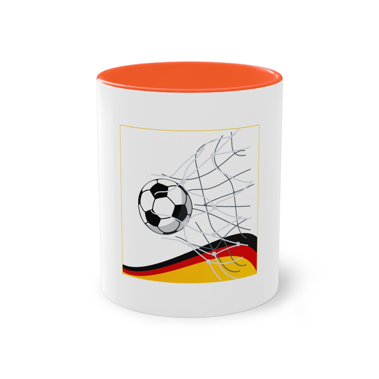 Deutschland Qualität Fußball auf Kaffeetassen, Teetassen bedruckt; weißer Außenbereich mit mehrfarbigem Innenbereich und Henkel, große; 11 Unzen