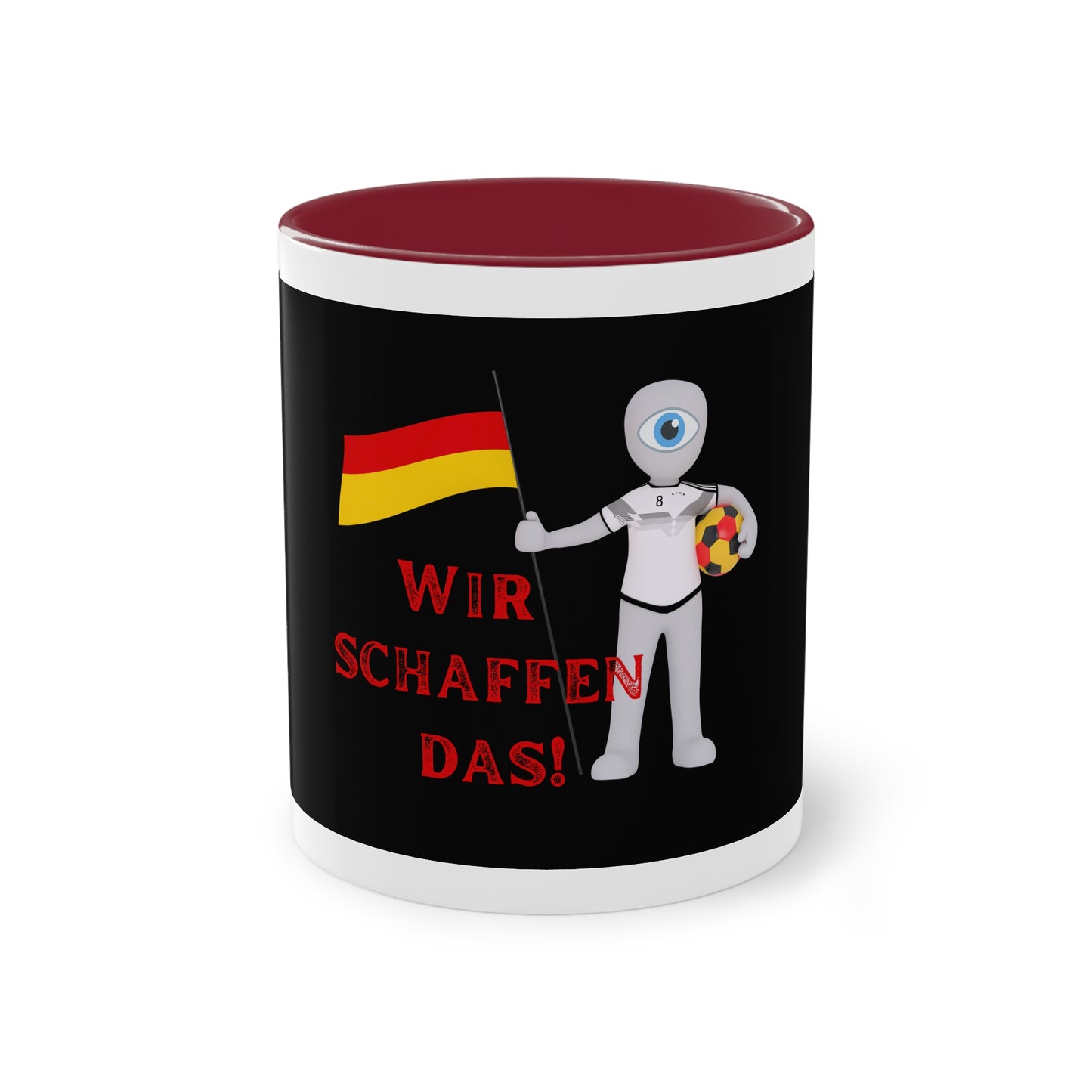 Wir schaffen das! - für Deutschland auf Kaffeetassen bedruckt; weißer Außenbereich mit mehrfarbigem Innenbereich und Henkel, große; 11 Unzen