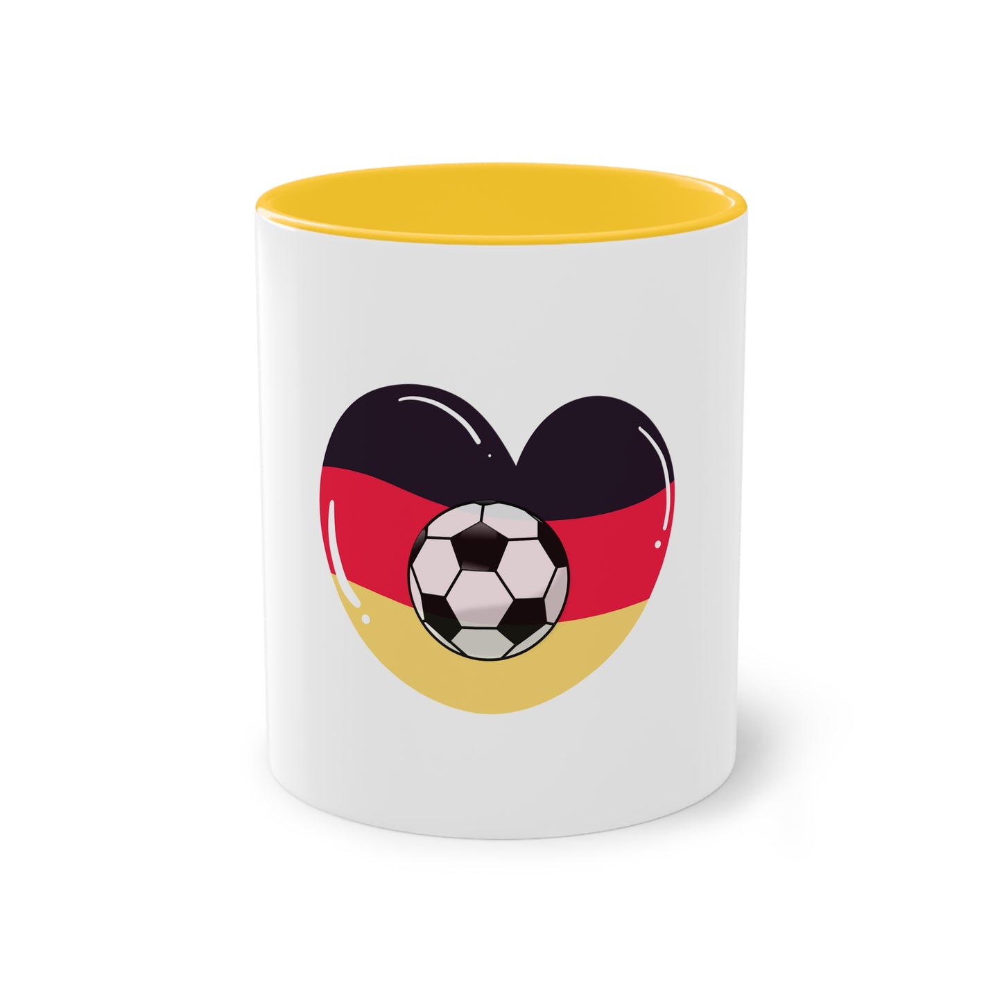 Ich liebe die Mannschaft auf Kaffeetassen, Teetassen bedruckt; weißer Außenbereich mit mehrfarbigem Innenbereich und Henkel, große; 11 Unzen