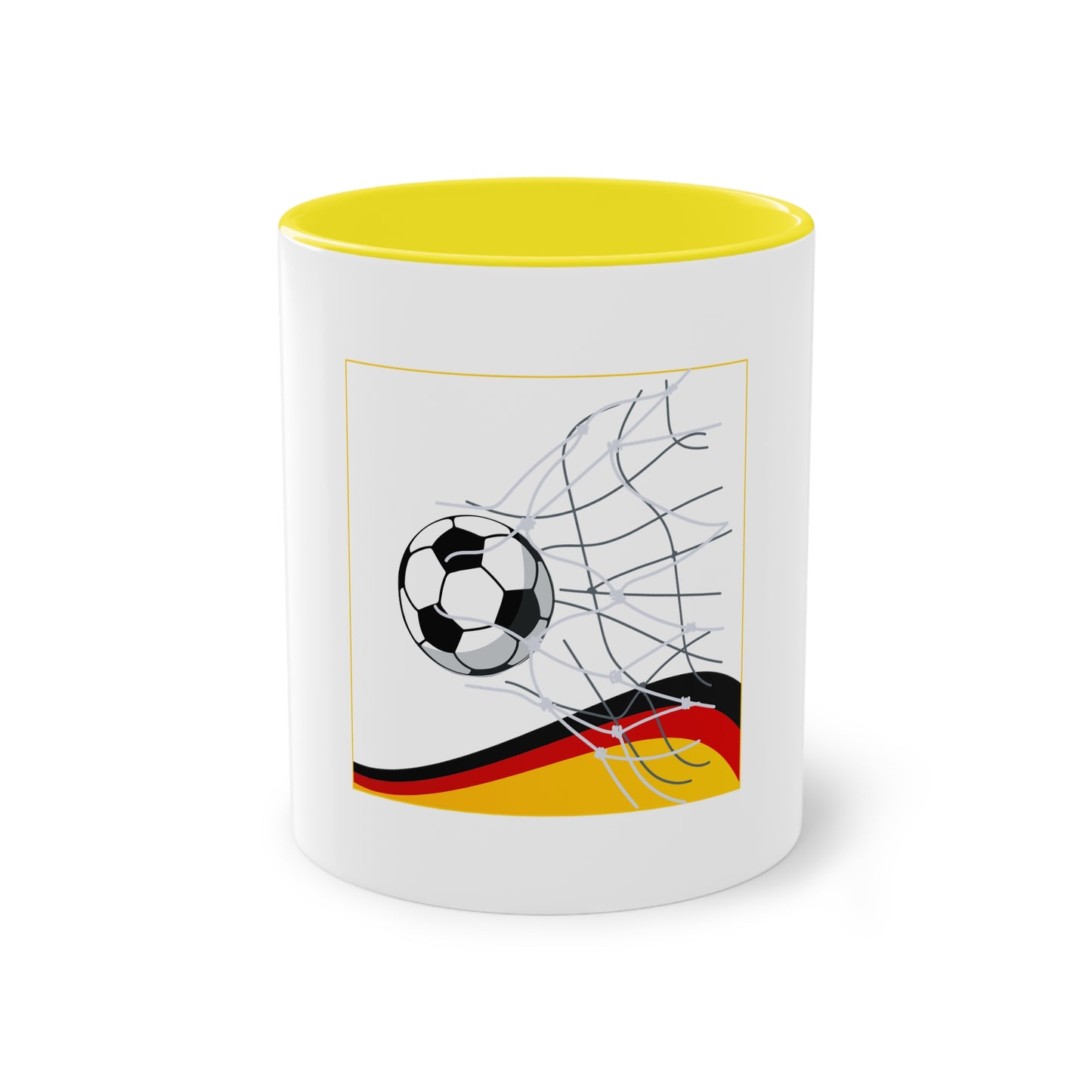 Deutschland Qualität Fußball auf Kaffeetassen, Teetassen bedruckt; weißer Außenbereich mit mehrfarbigem Innenbereich und Henkel, große; 11 Unzen